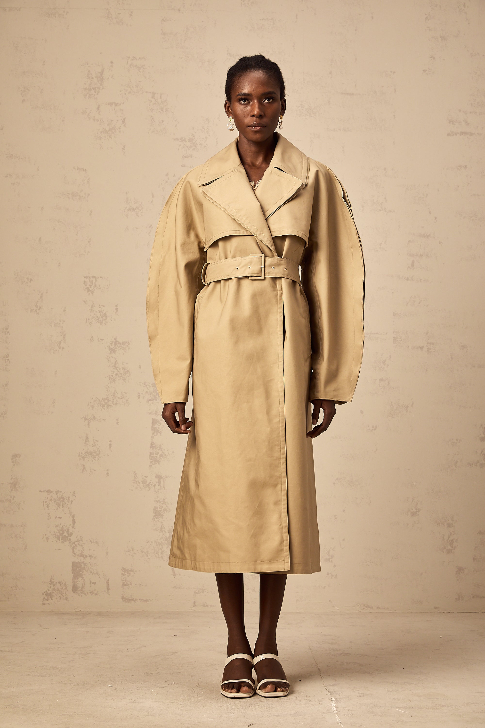 Jaden khaki curved-sleeve trench coat