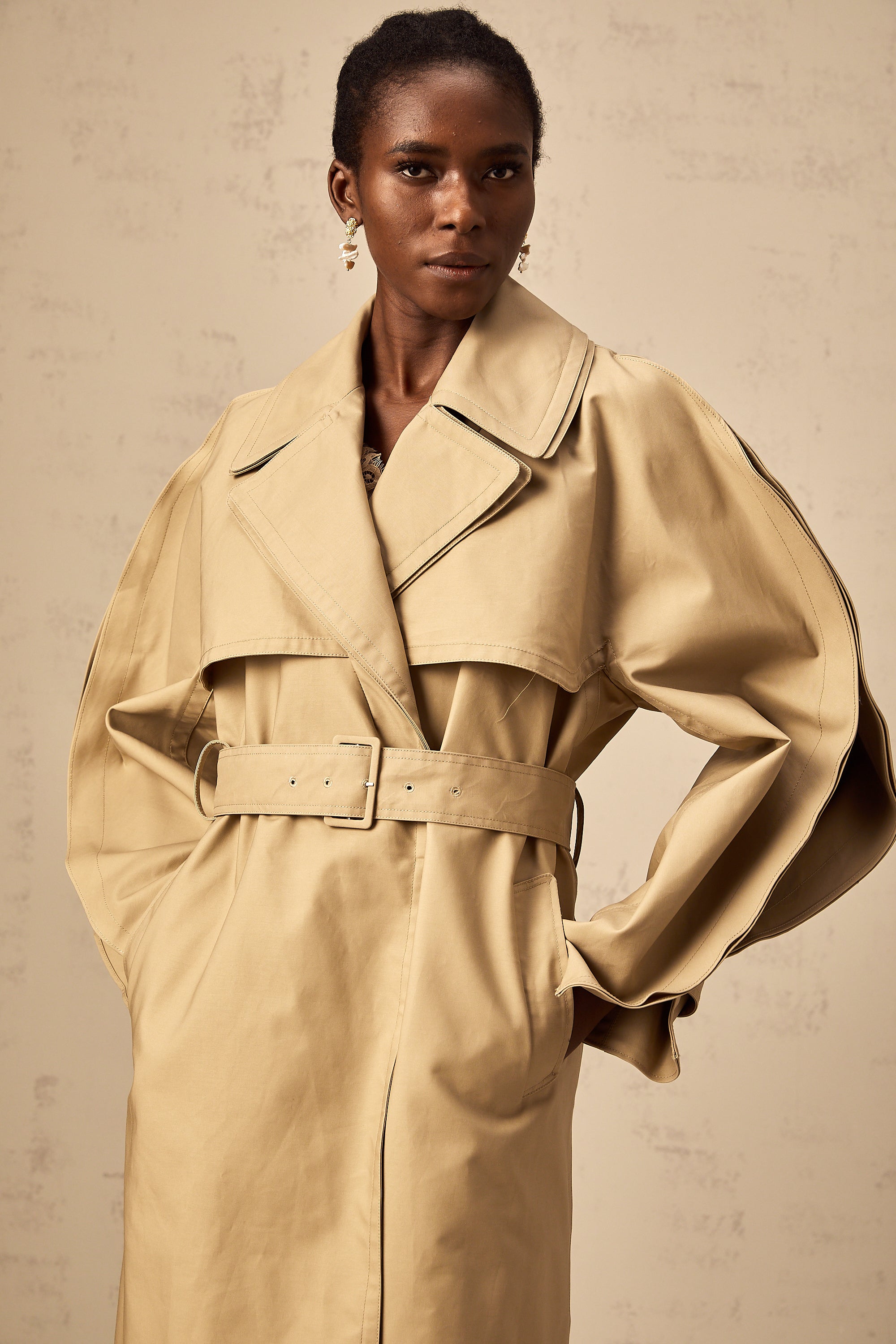 Jaden khaki curved-sleeve trench coat