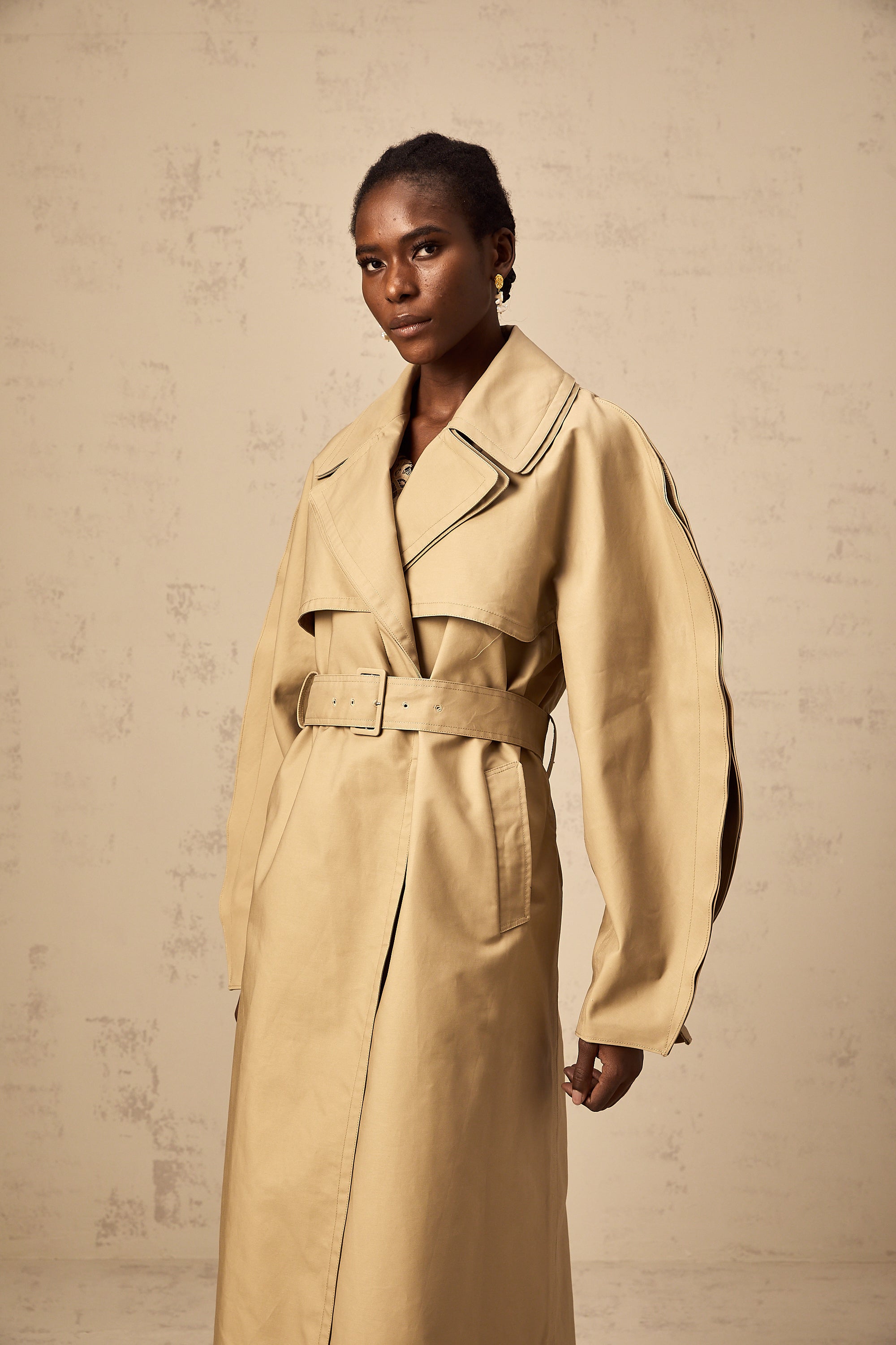 Jaden khaki curved-sleeve trench coat