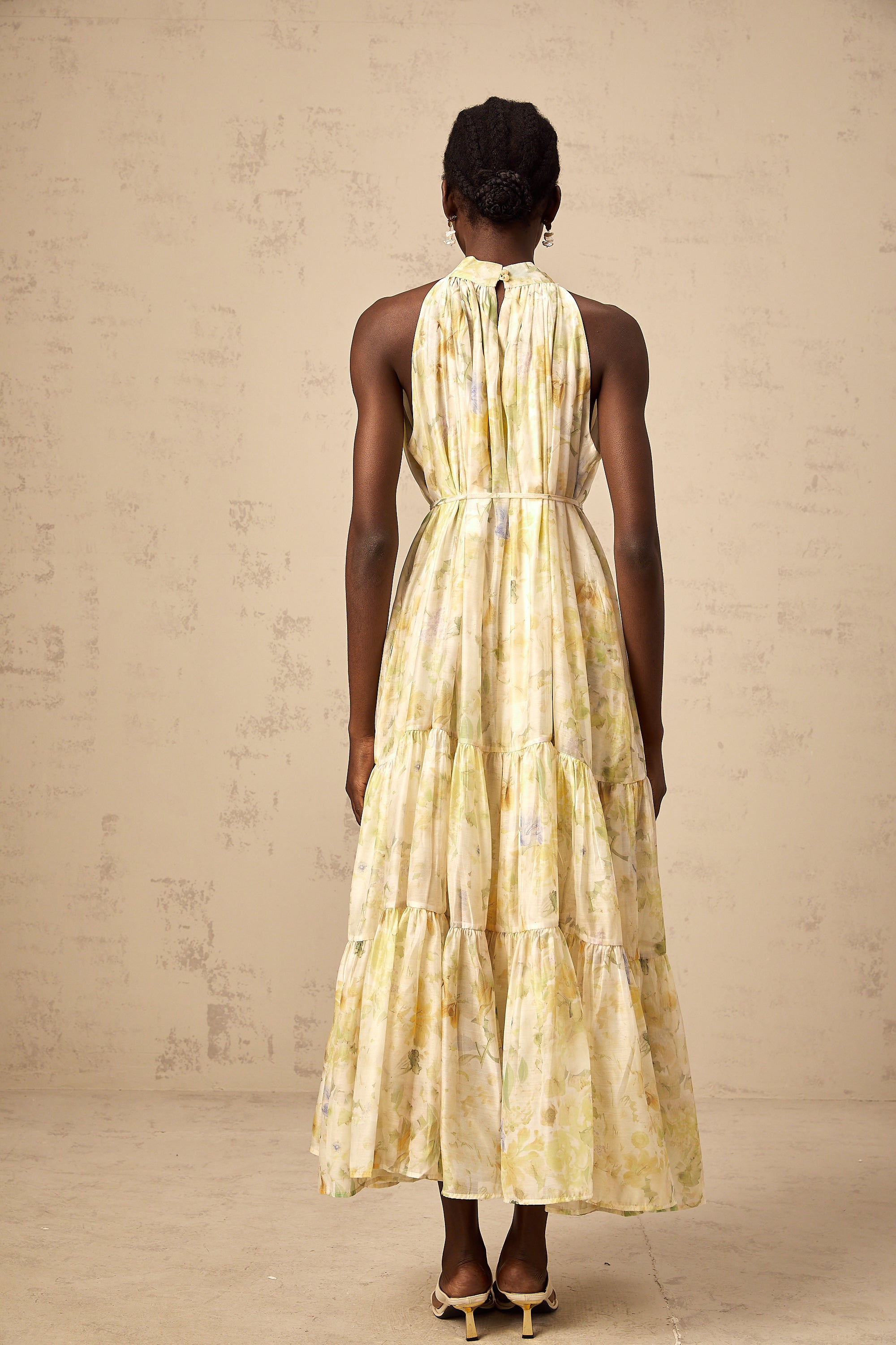 Ulani floral-print sleeveless midi dress in Yellow