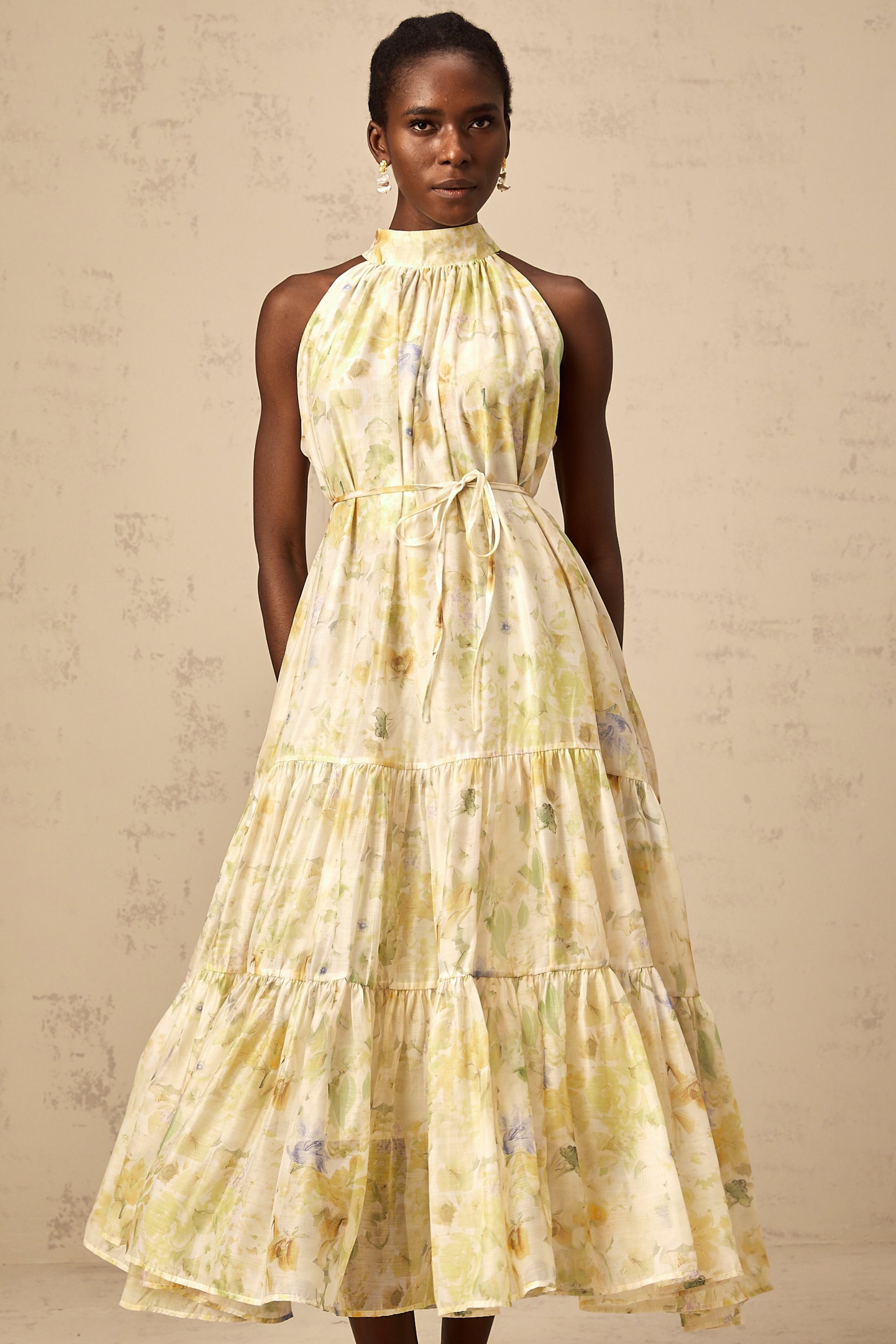 Ulani floral-print sleeveless midi dress in Yellow