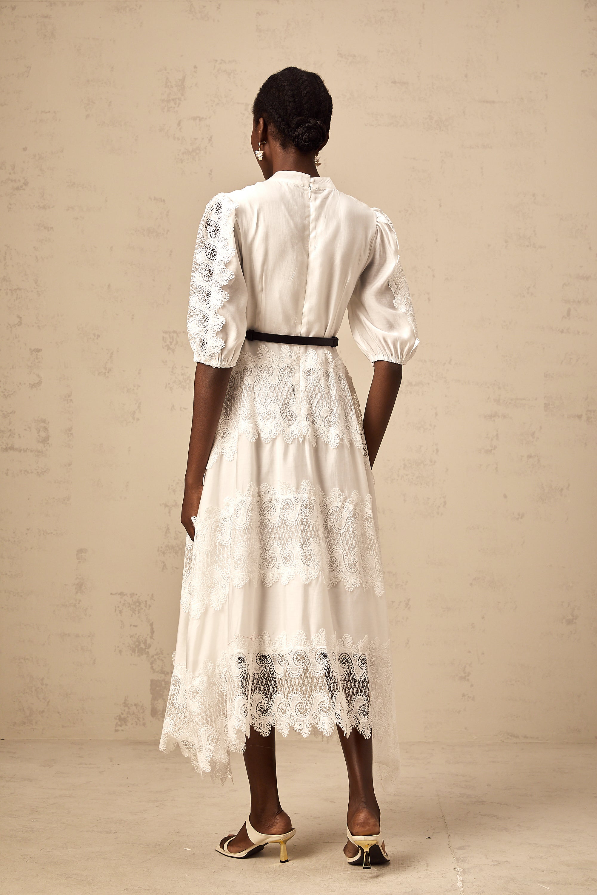 Tamara white belted lace-trim panelled midi dress