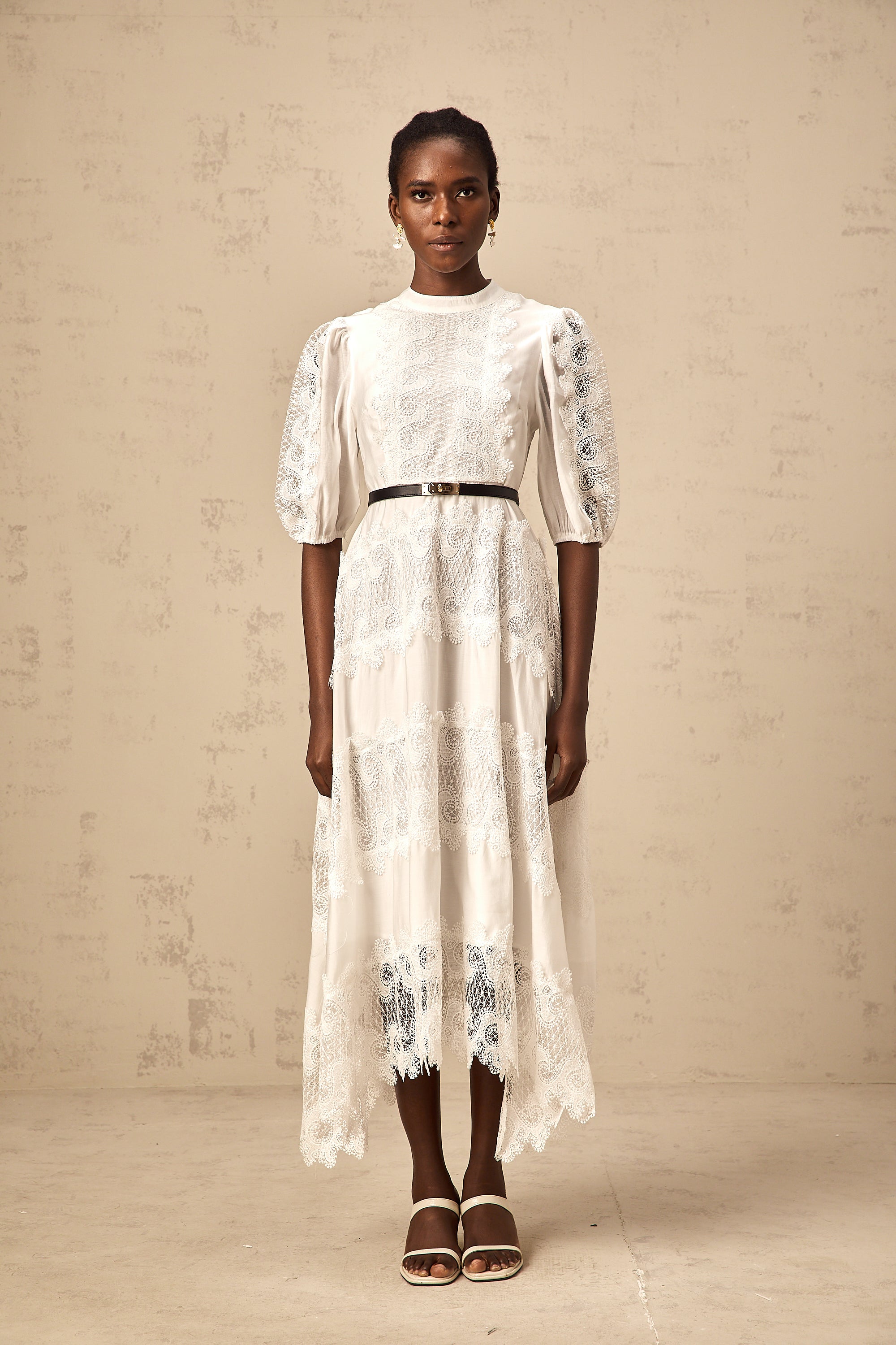 Tamara white belted lace-trim panelled midi dress