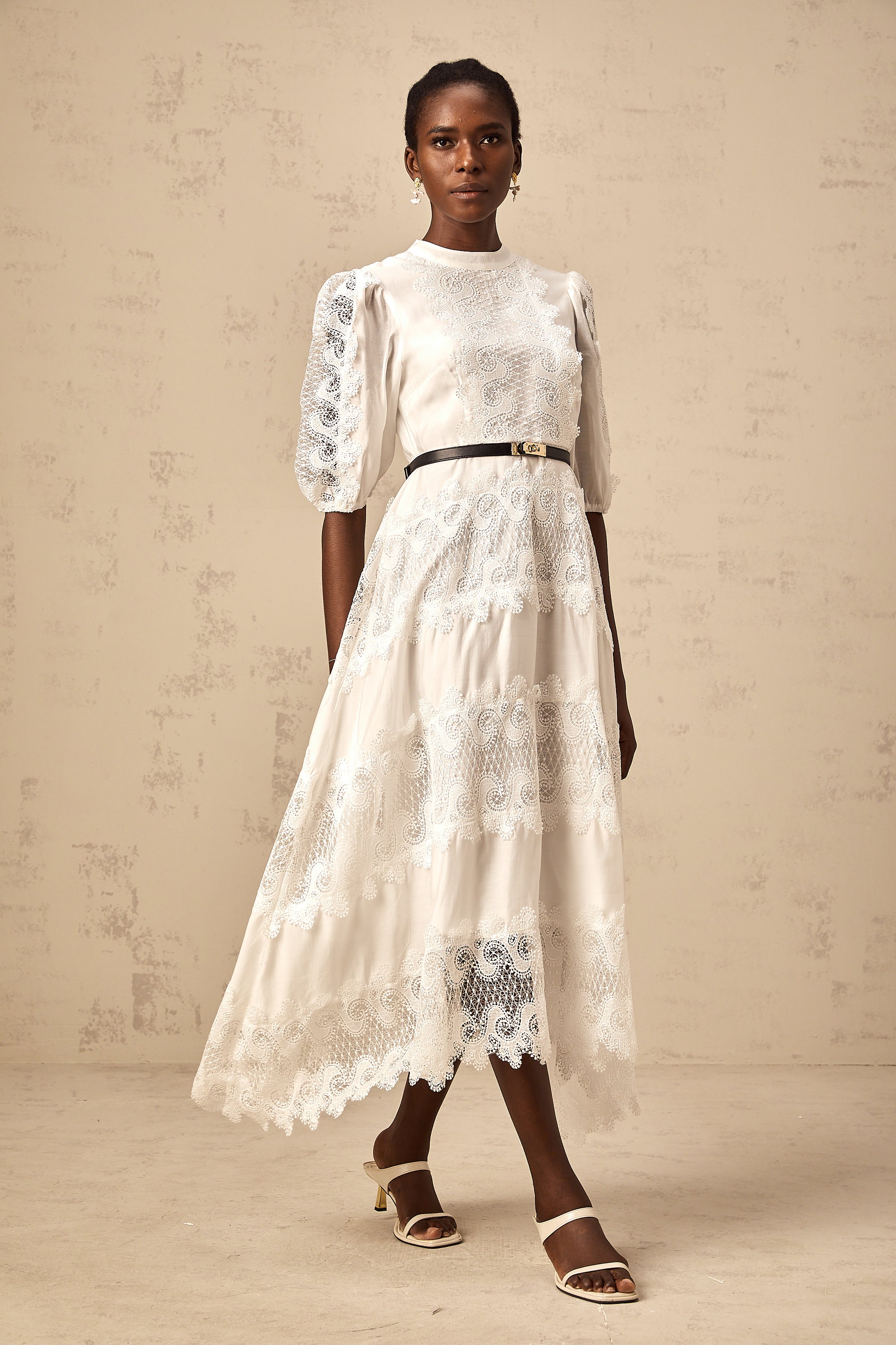 Tamara white belted lace-trim panelled midi dress