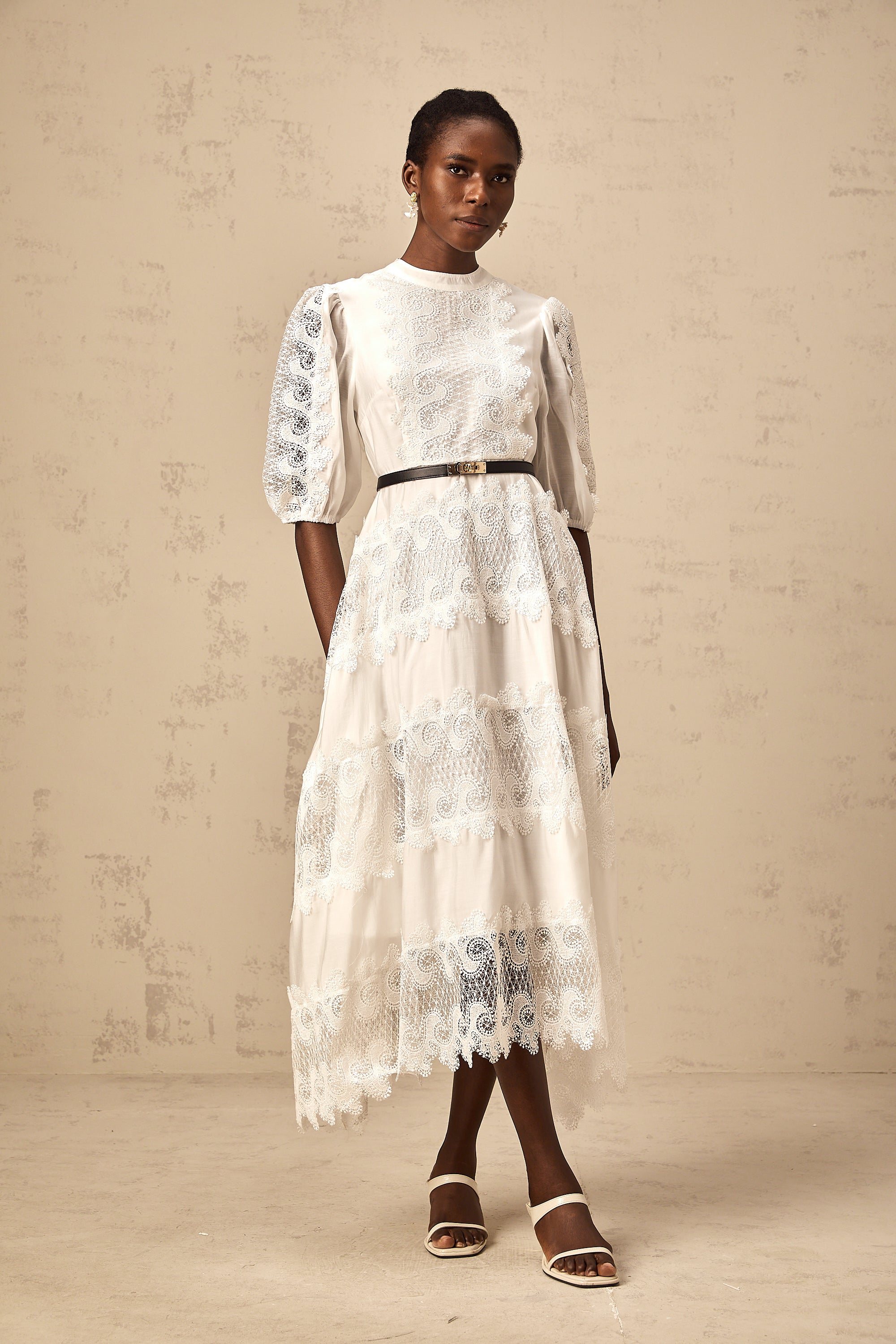 Tamara white belted lace-trim panelled midi dress