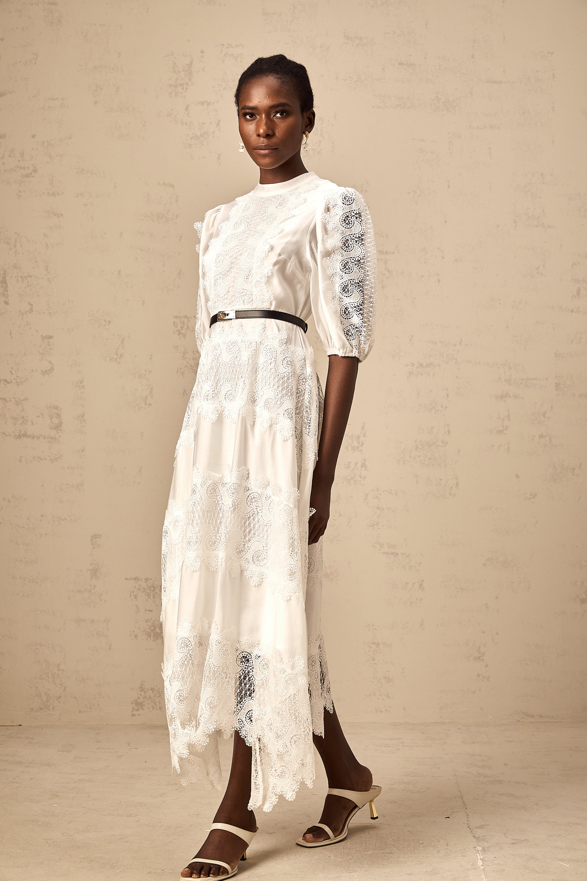 Tamara white belted lace-trim panelled midi dress