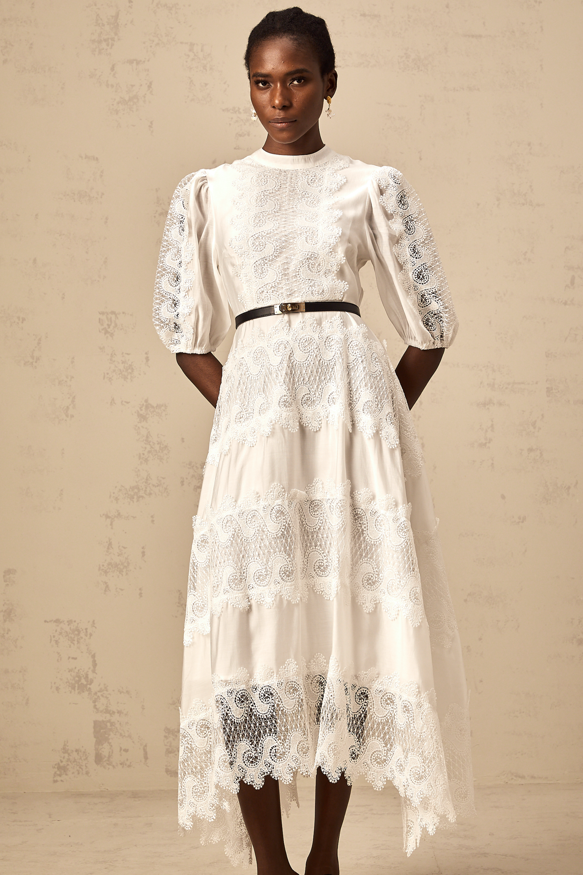 Tamara white belted lace-trim panelled midi dress