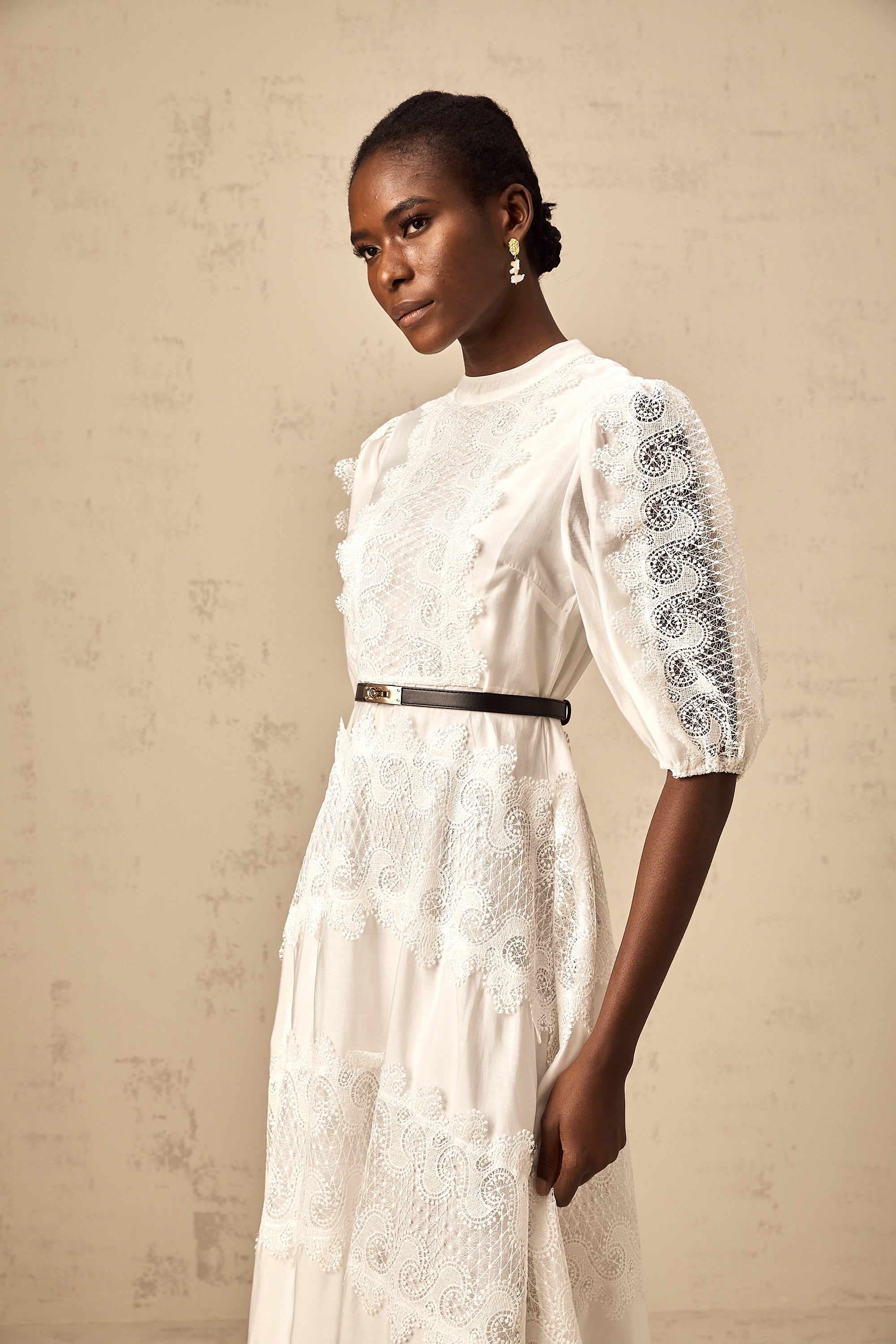 Tamara white belted lace-trim panelled midi dress