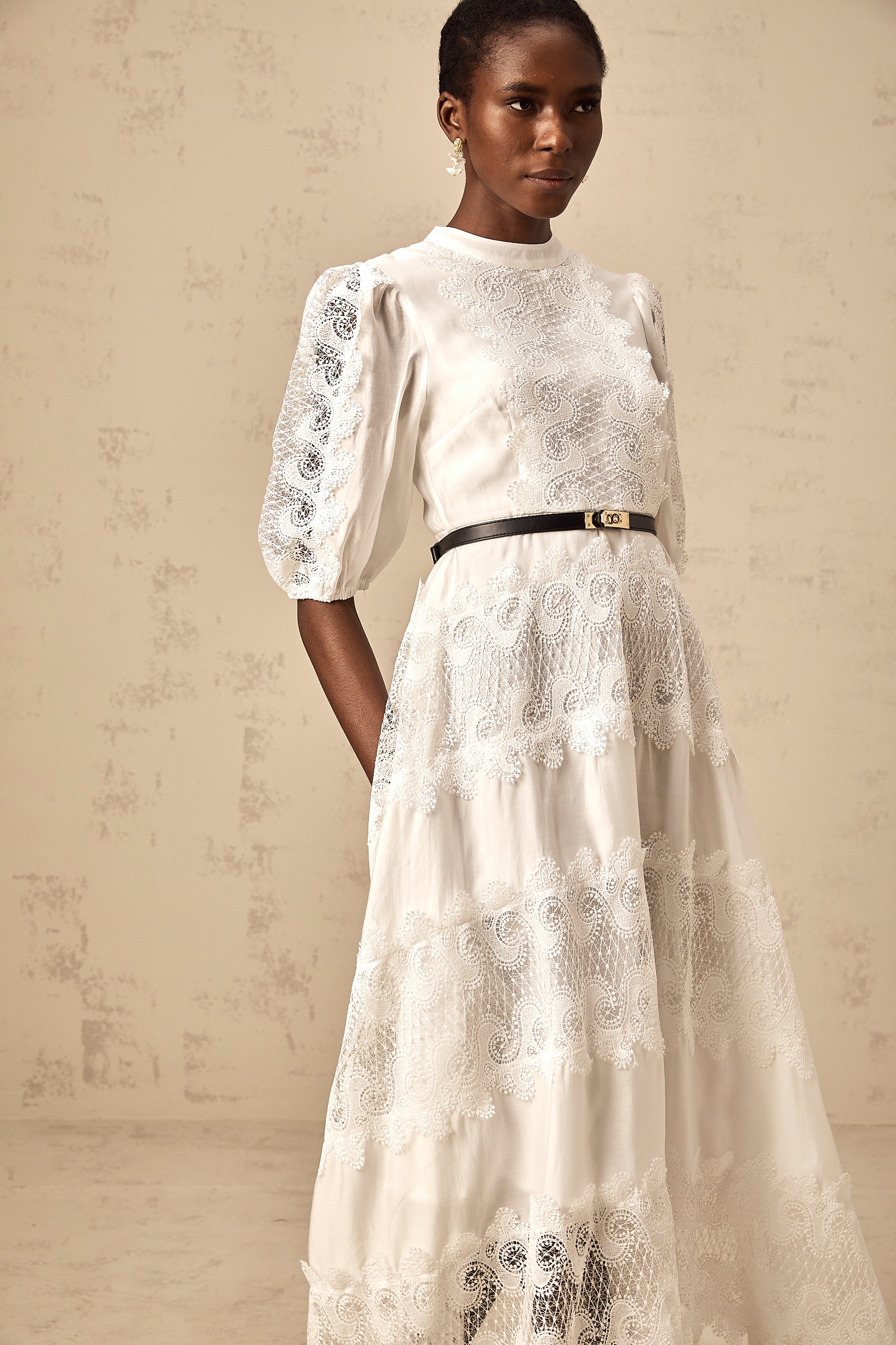 Tamara white belted lace-trim panelled midi dress