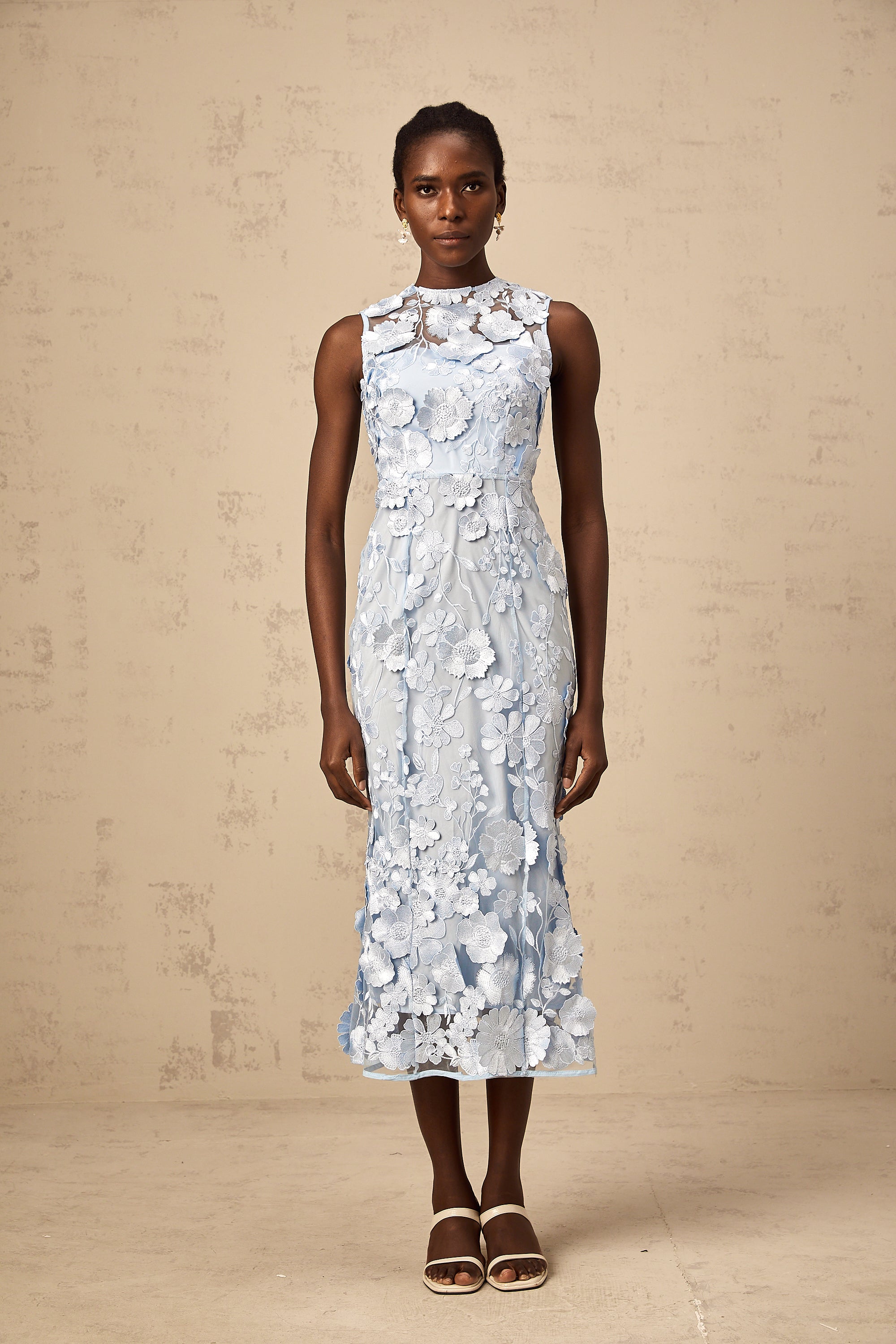 Herta blue floral-appliqué midi dress