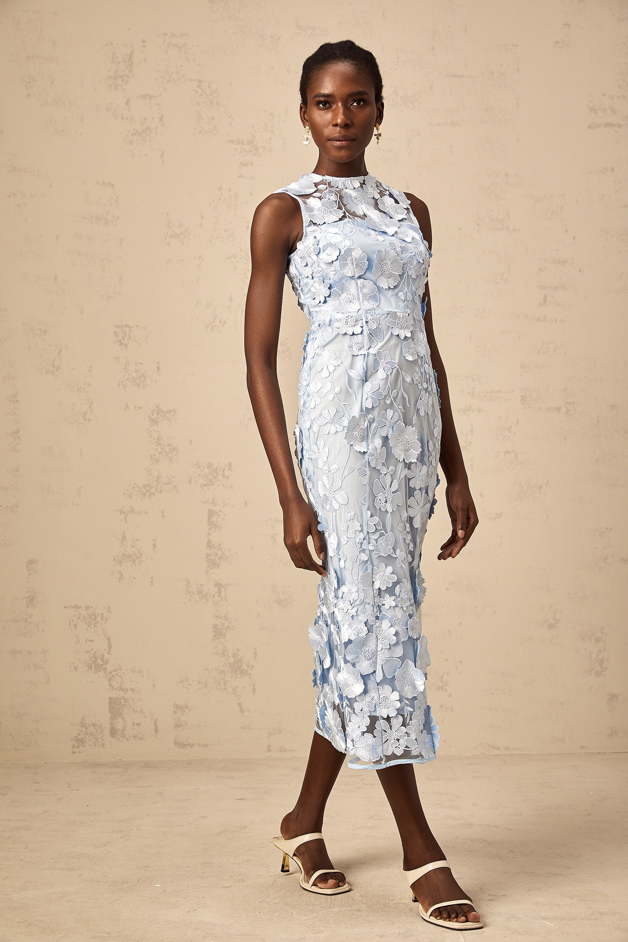 Herta blue floral-appliqué midi dress