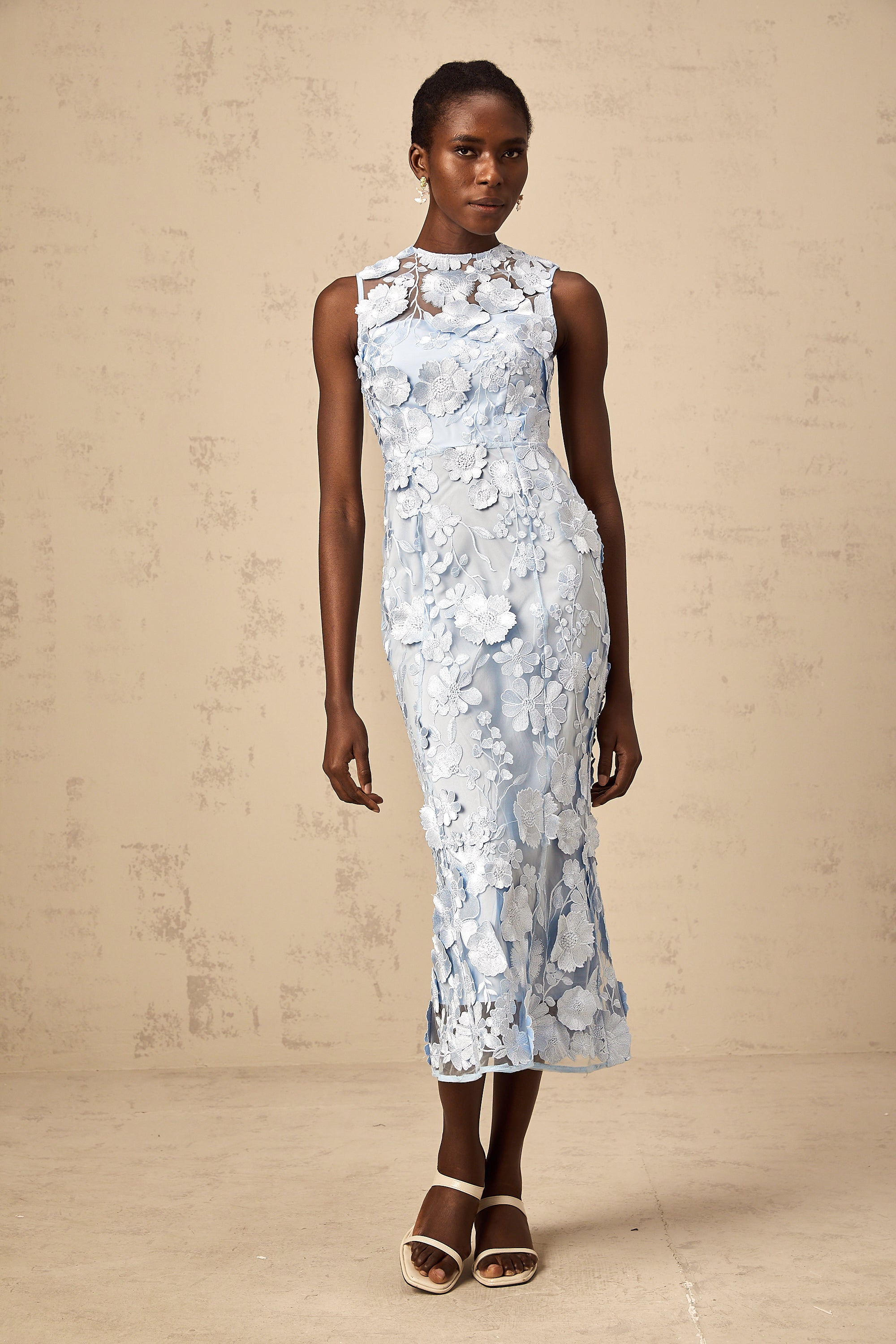 Herta blue floral-appliqué midi dress