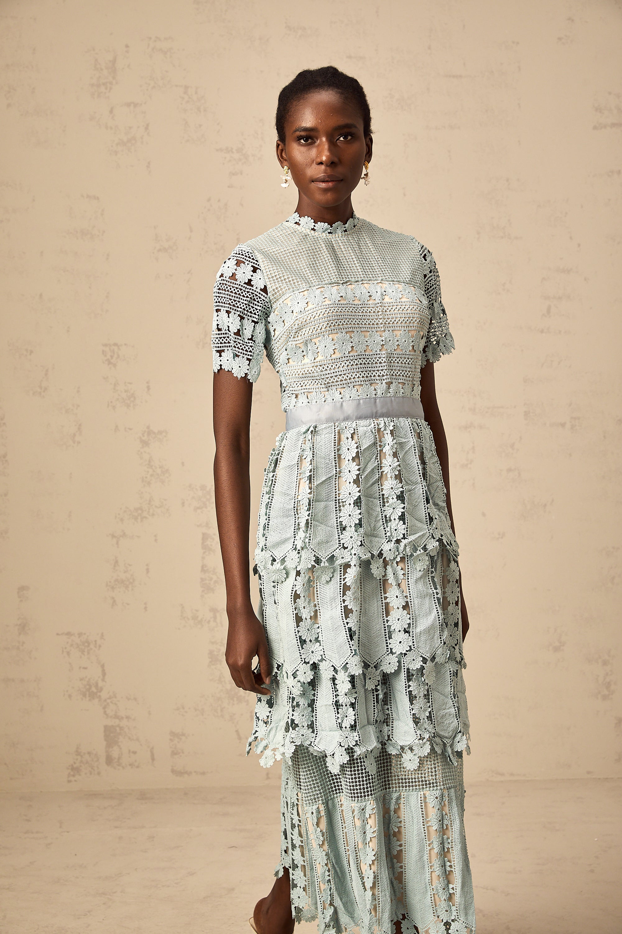 Océane blue floral embroidery midi dress