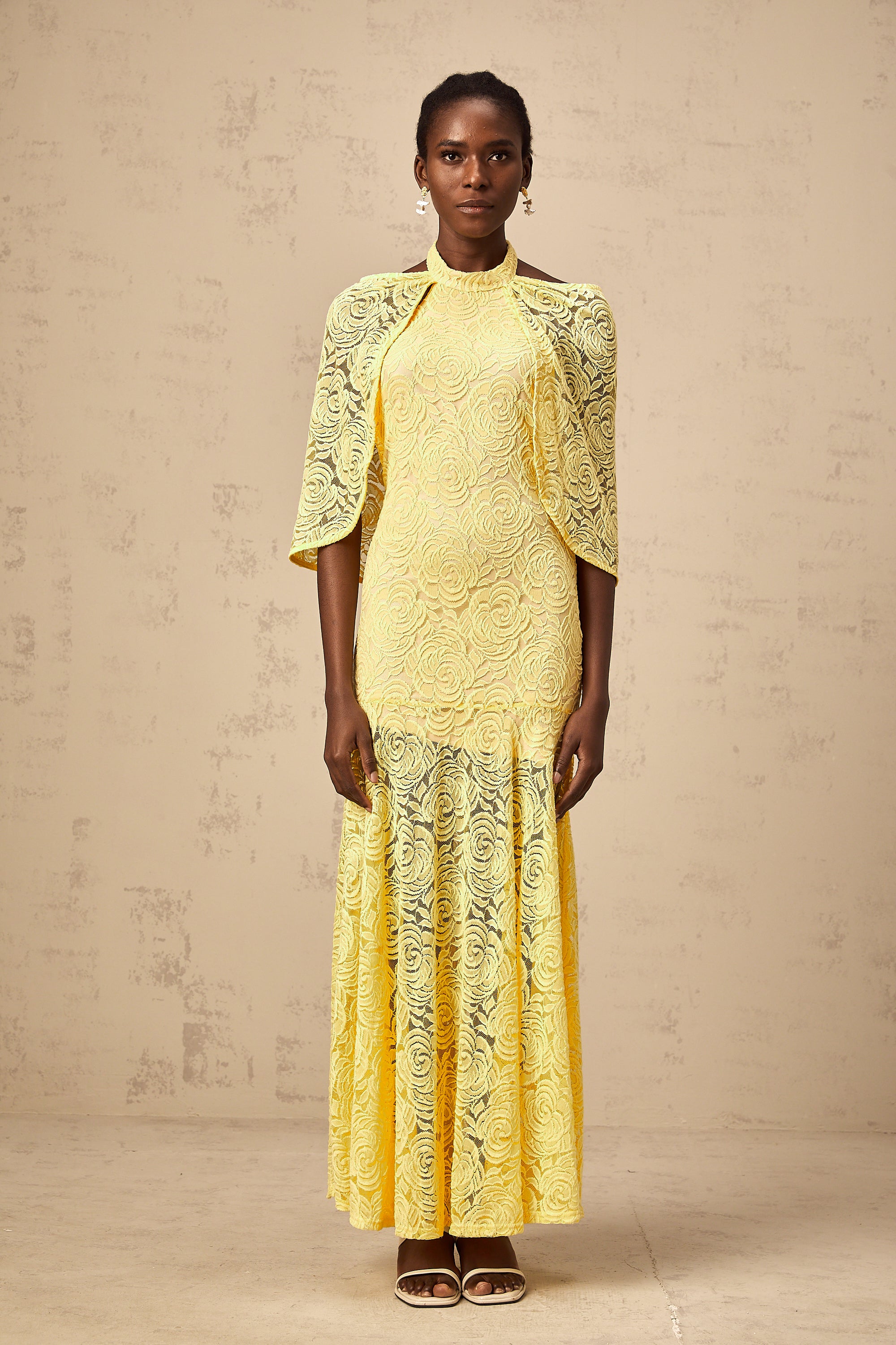 Ursula yellow cape-design chantilly-lace maxi dress