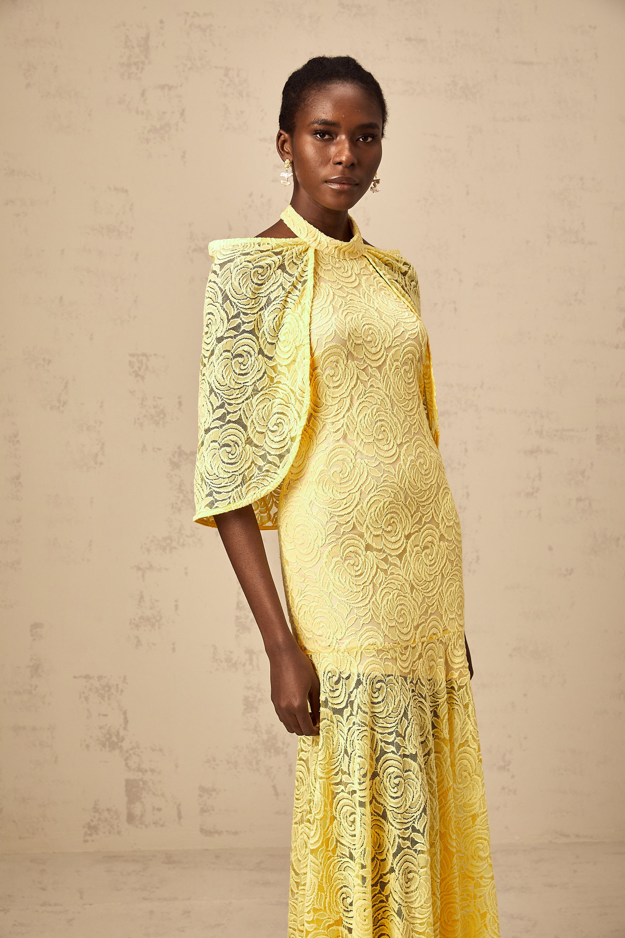 Ursula yellow cape-design chantilly-lace maxi dress