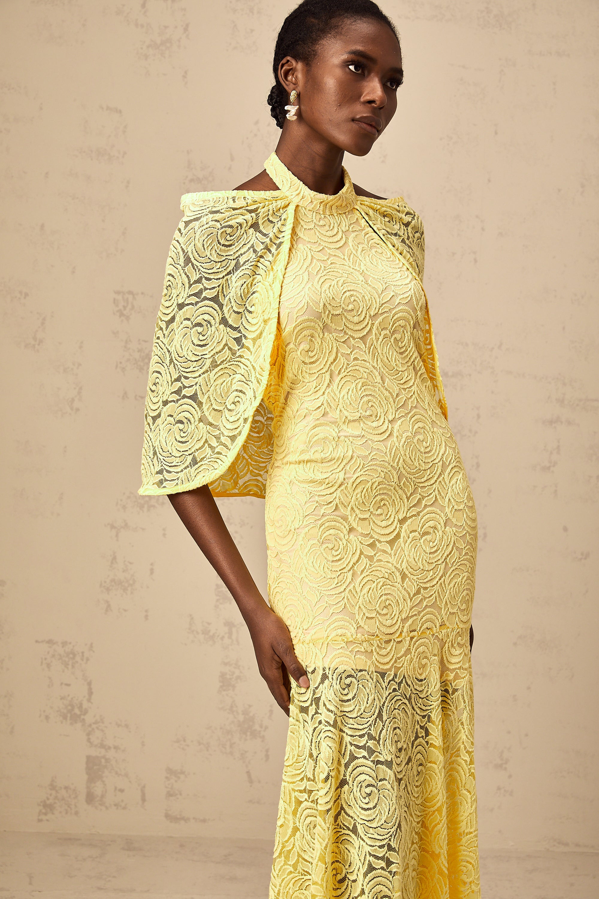 Ursula yellow cape-design chantilly-lace maxi dress