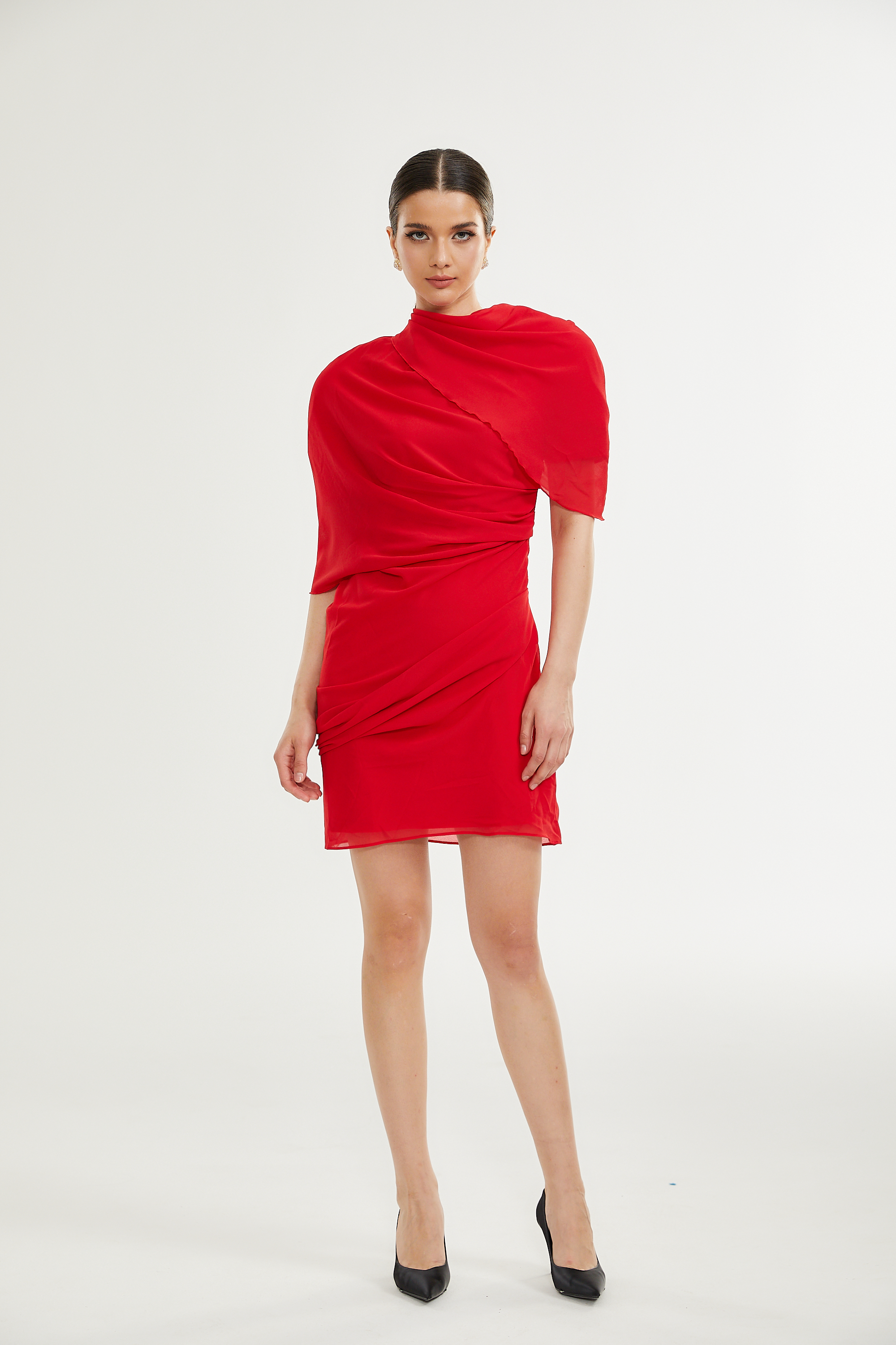 Clarabelle red draped mini dress