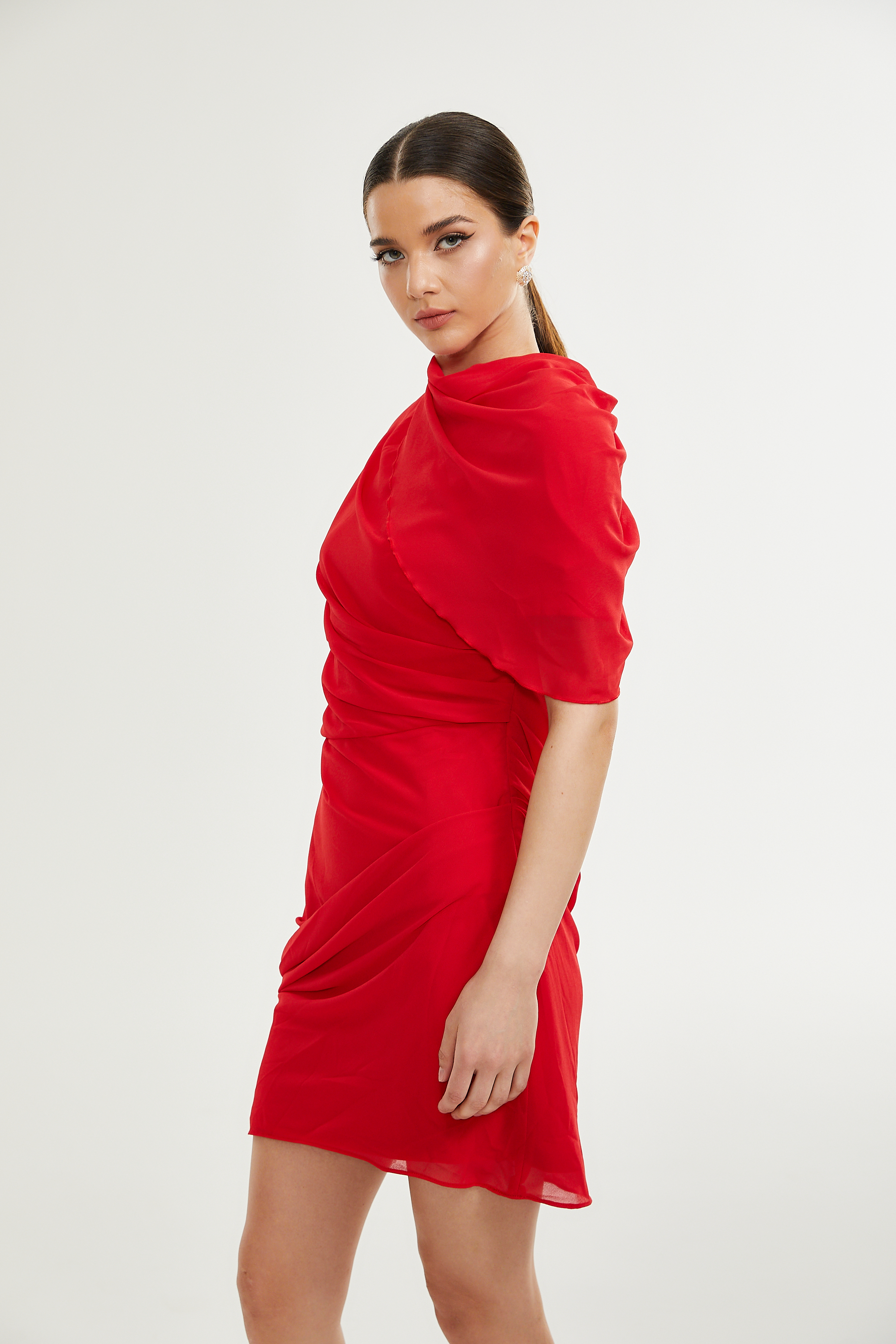 Clarabelle red draped mini dress