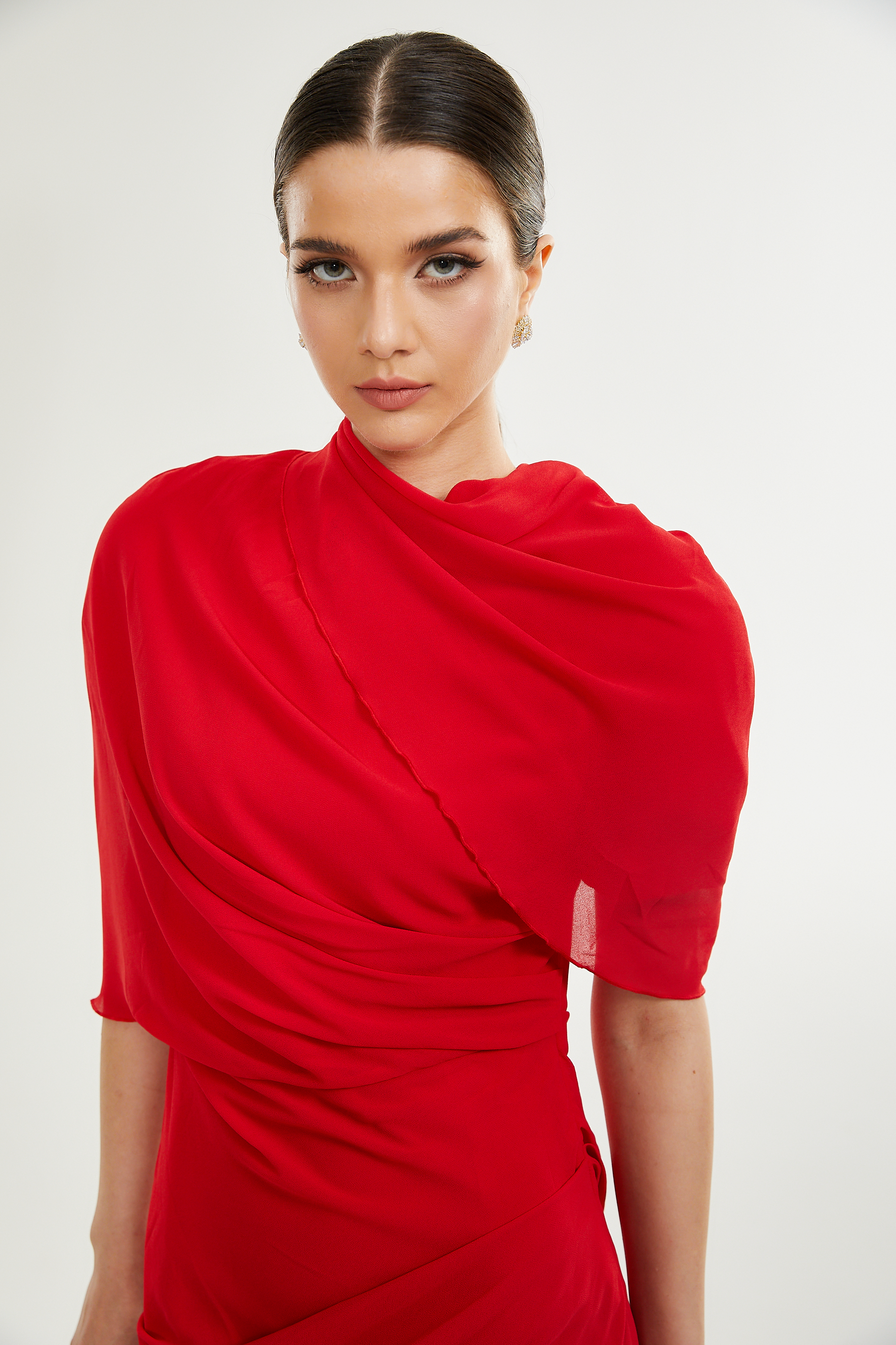 Clarabelle red draped mini dress