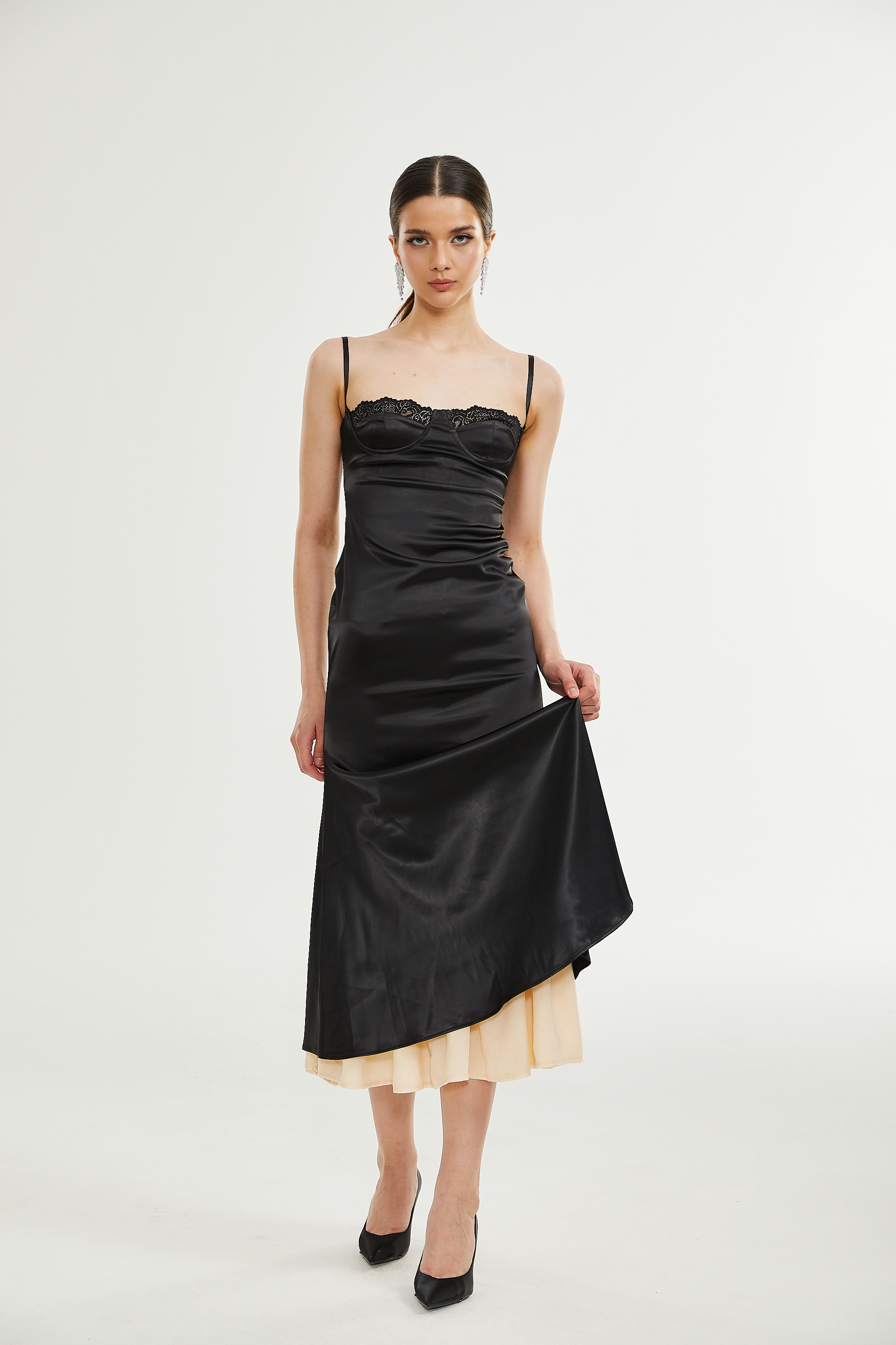 Larisa lace-trim satin midi dress