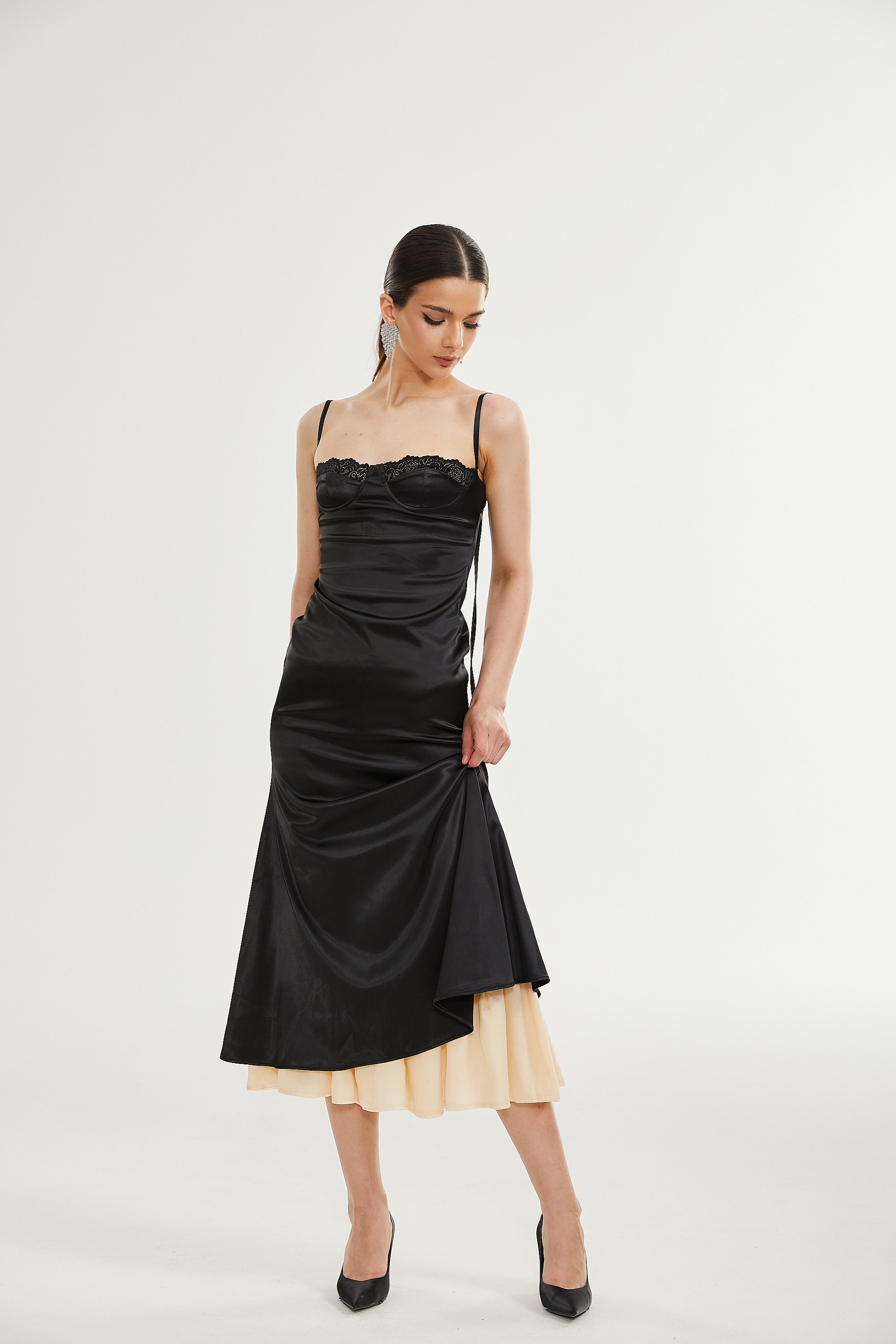 Larisa lace-trim satin midi dress