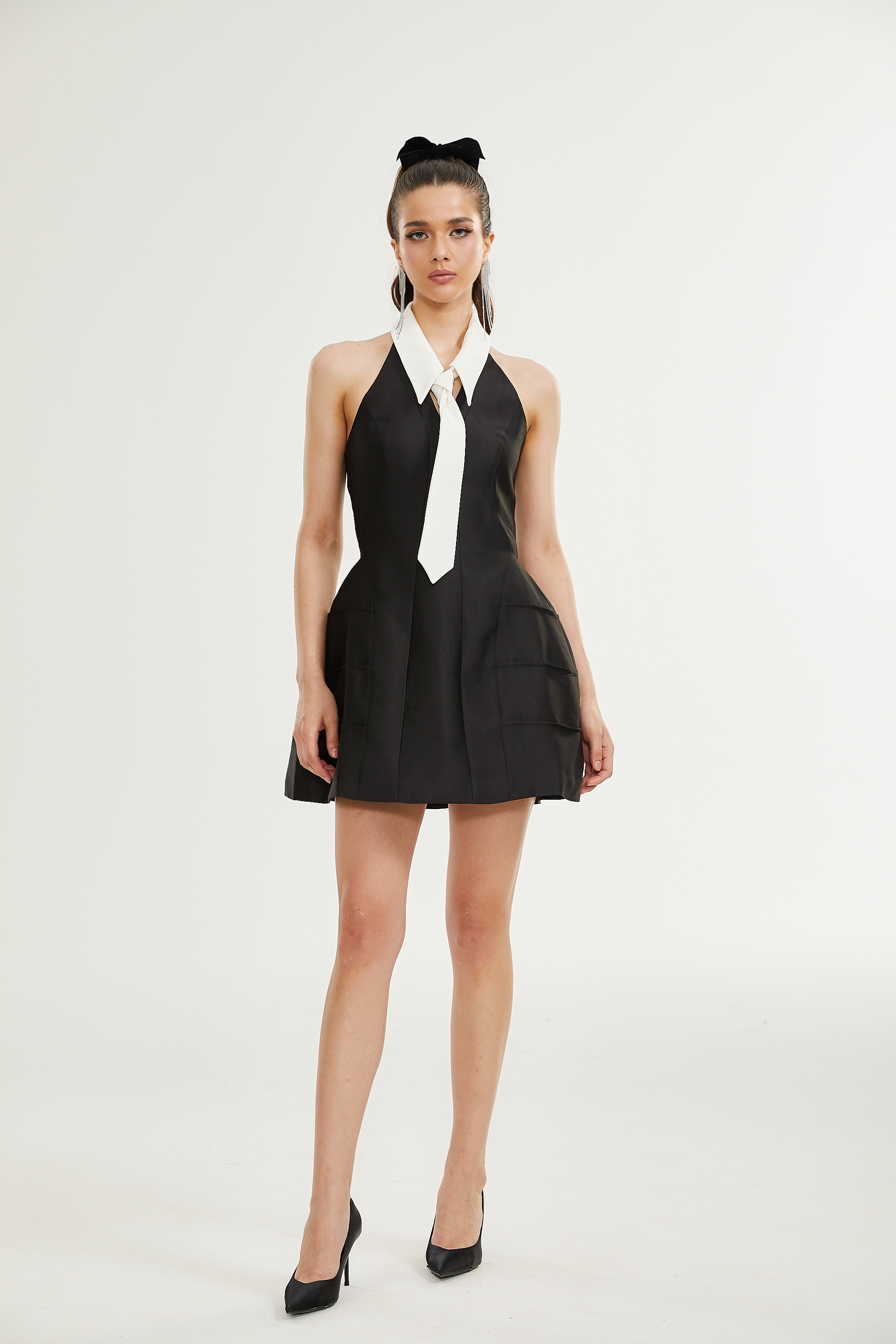 Emira halterneck necktie flared dress