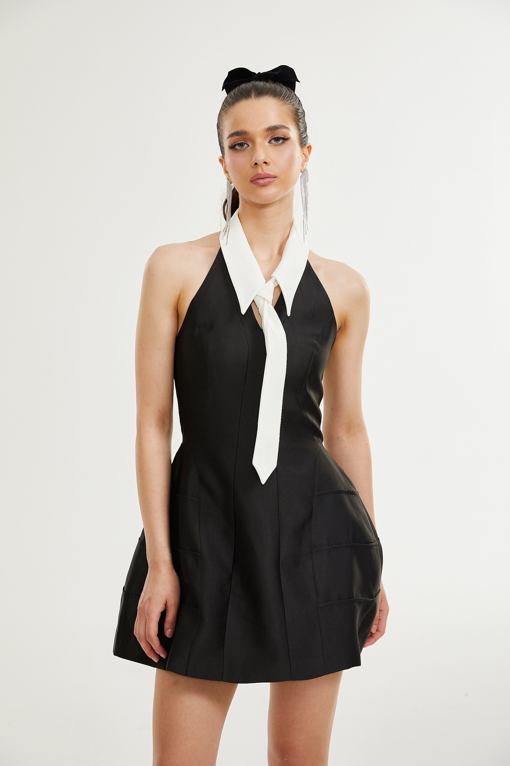 Emira halterneck necktie flared dress