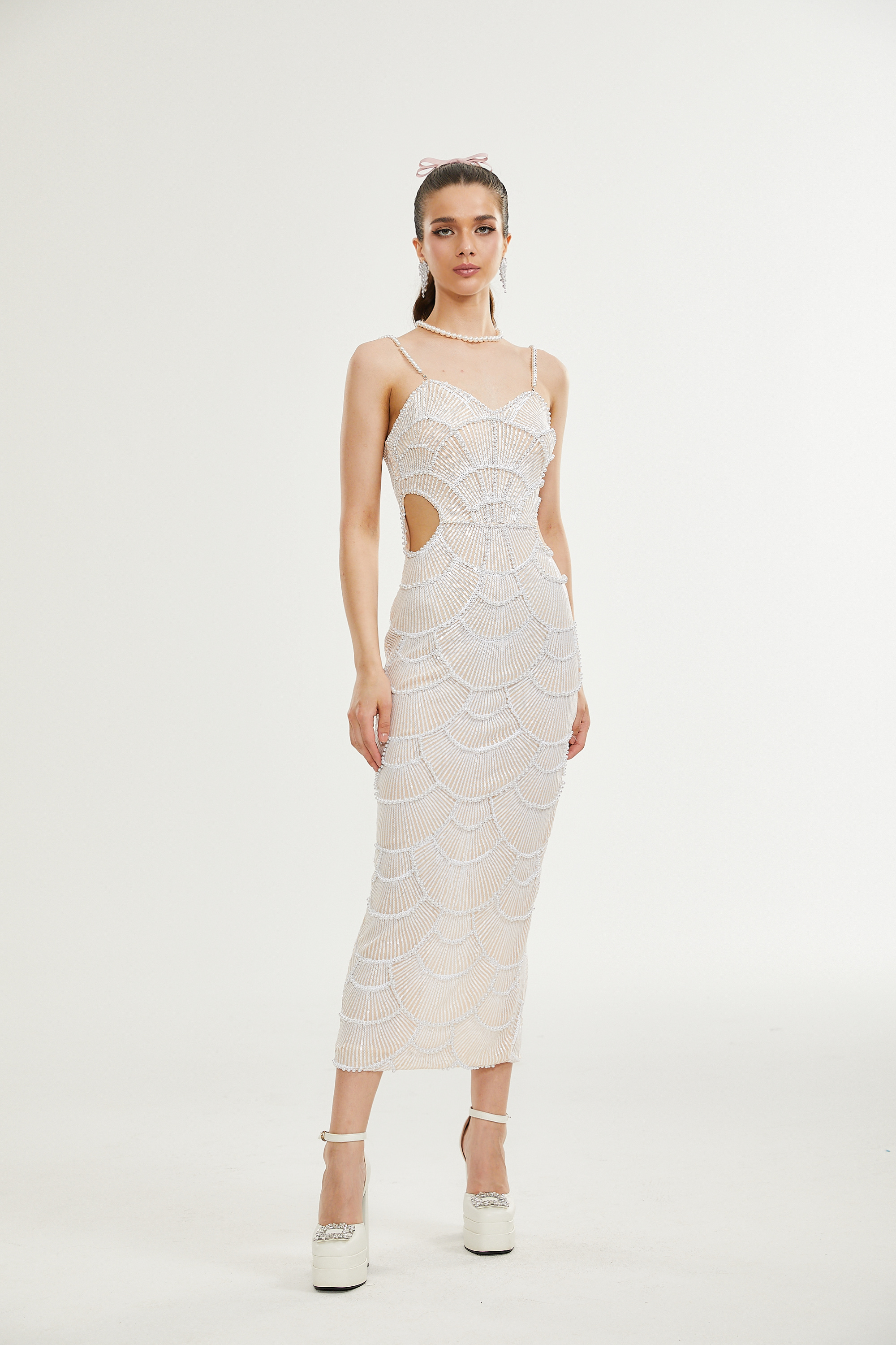 Shiema faux-pearl sequinned midi dress