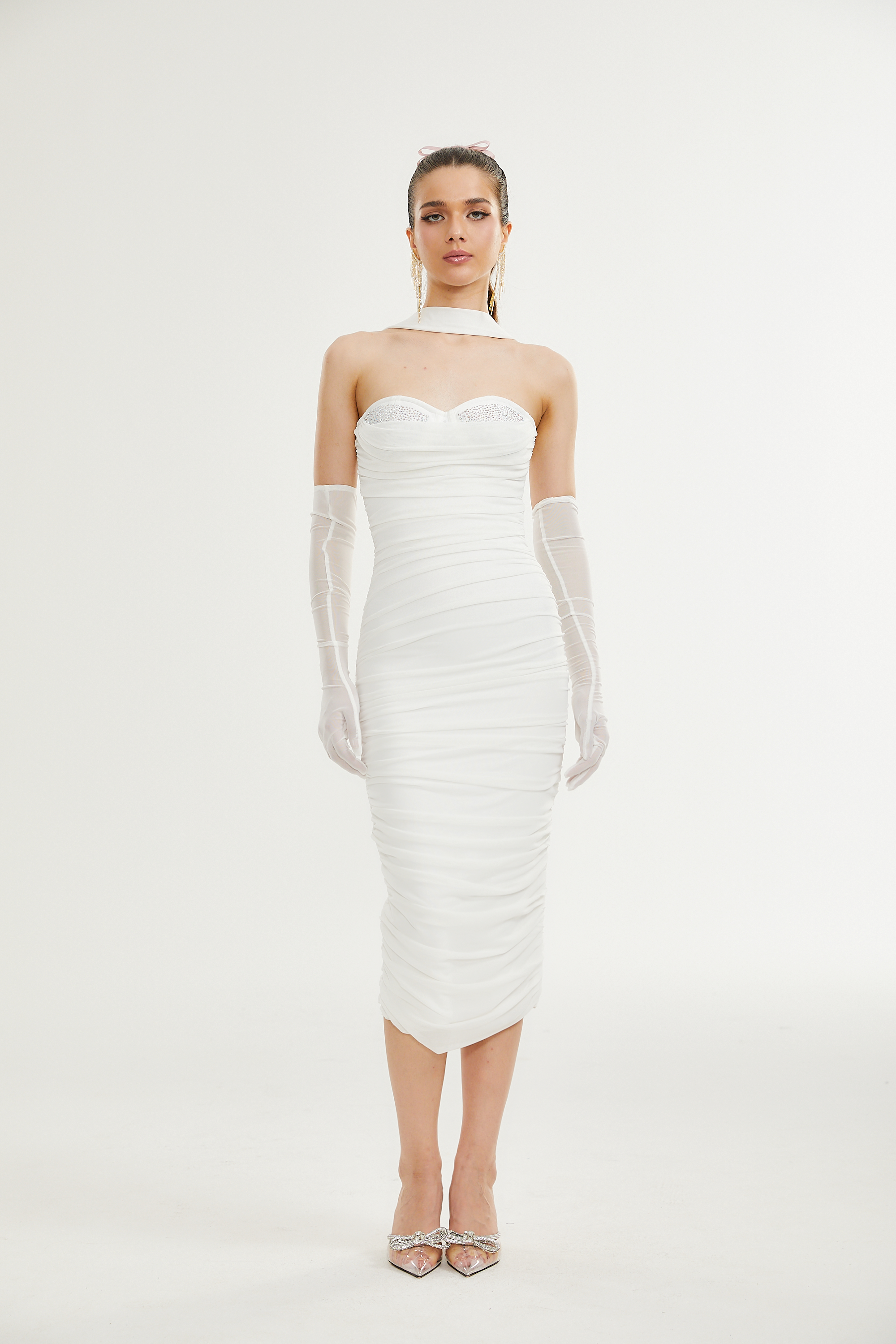 Pádraigín white mesh gathered midi dress