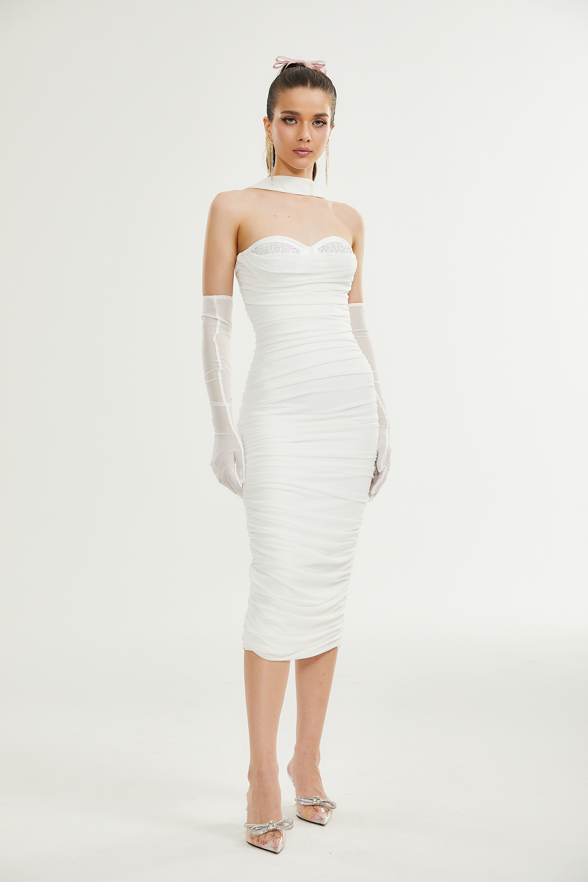 Pádraigín white mesh gathered midi dress