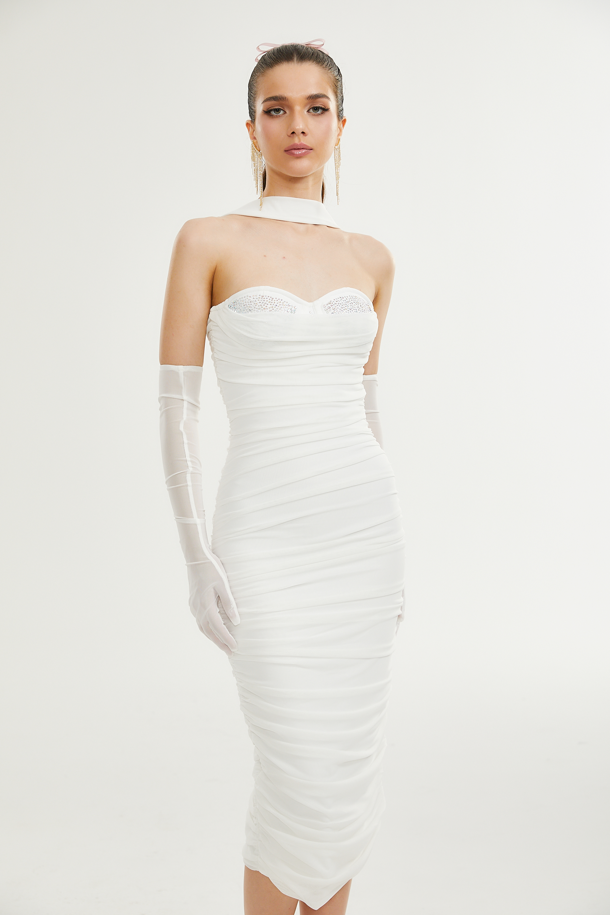 Pádraigín white mesh gathered midi dress