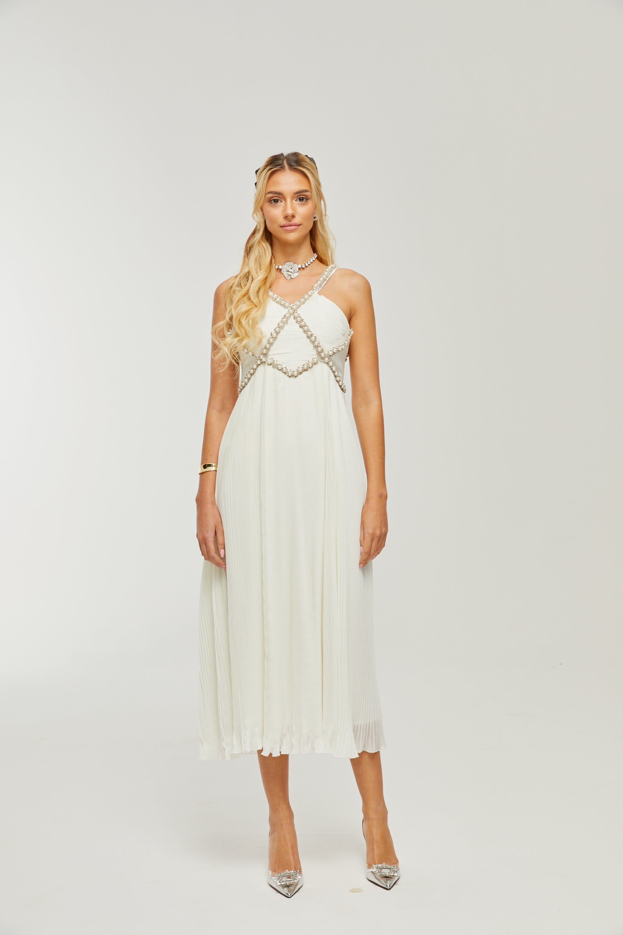 Hermine V-neck faux-pearl embellished midi dress