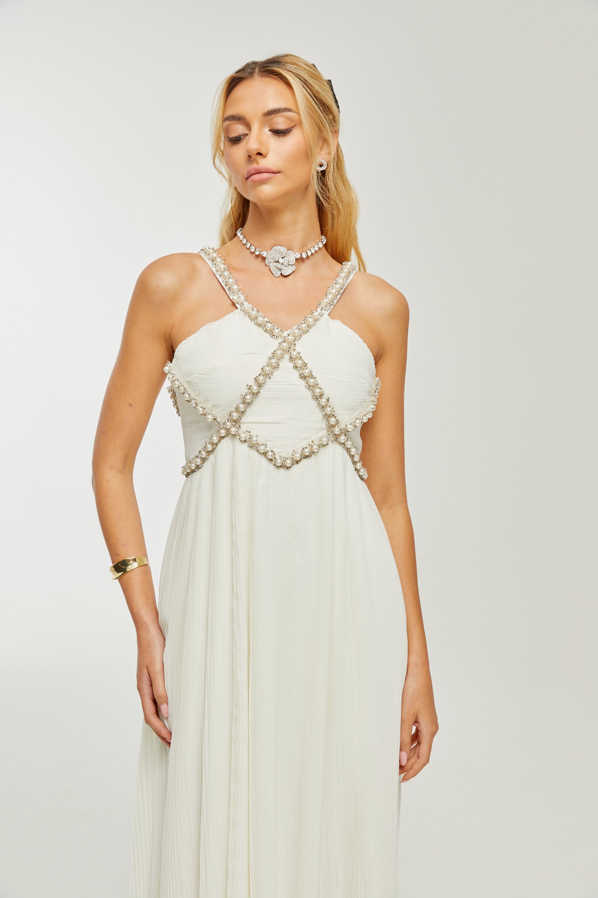 Hermine V-neck faux-pearl embellished midi dress