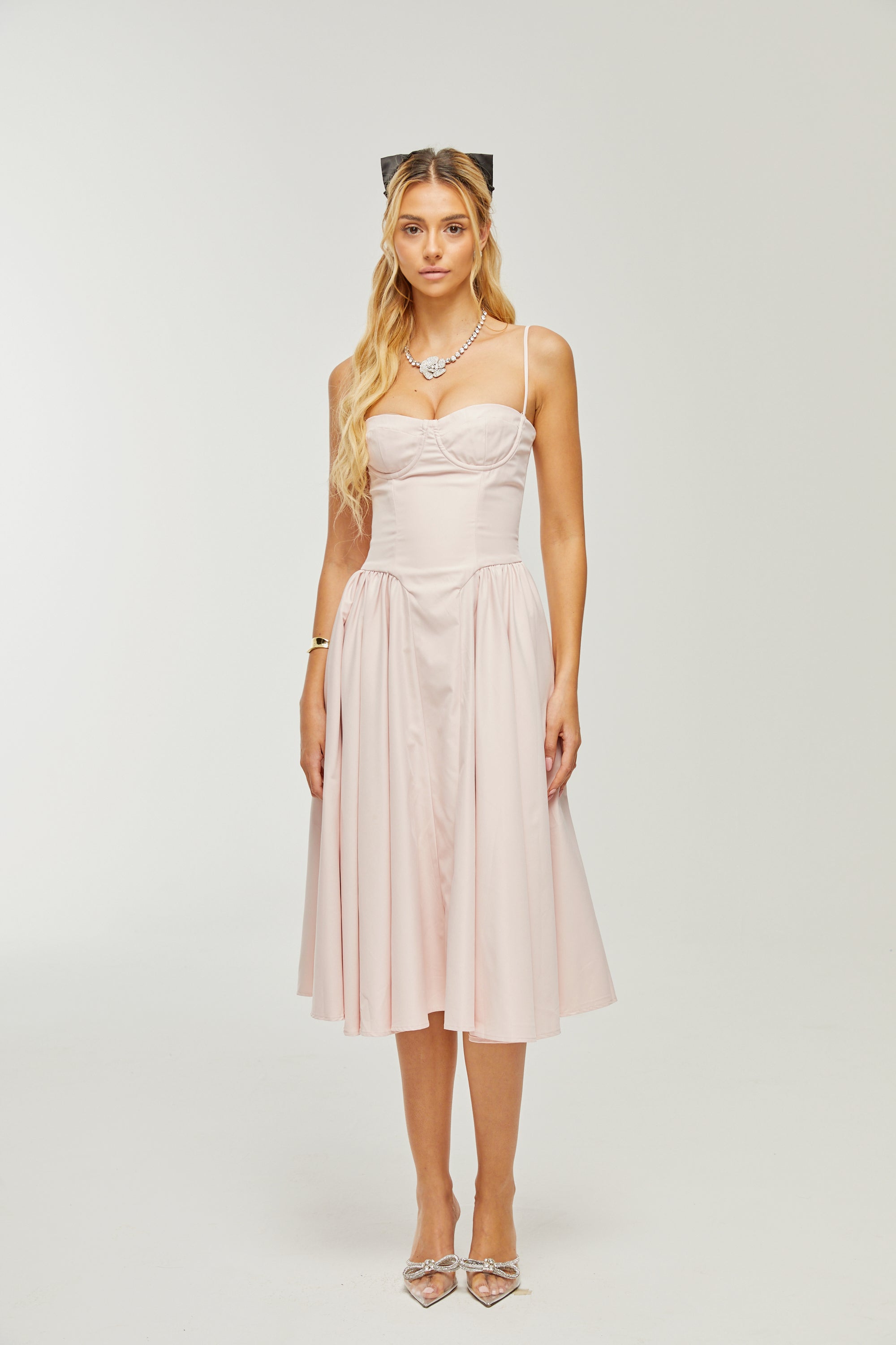 Soleil – Rosa plissiertes Korsett-Midikleid