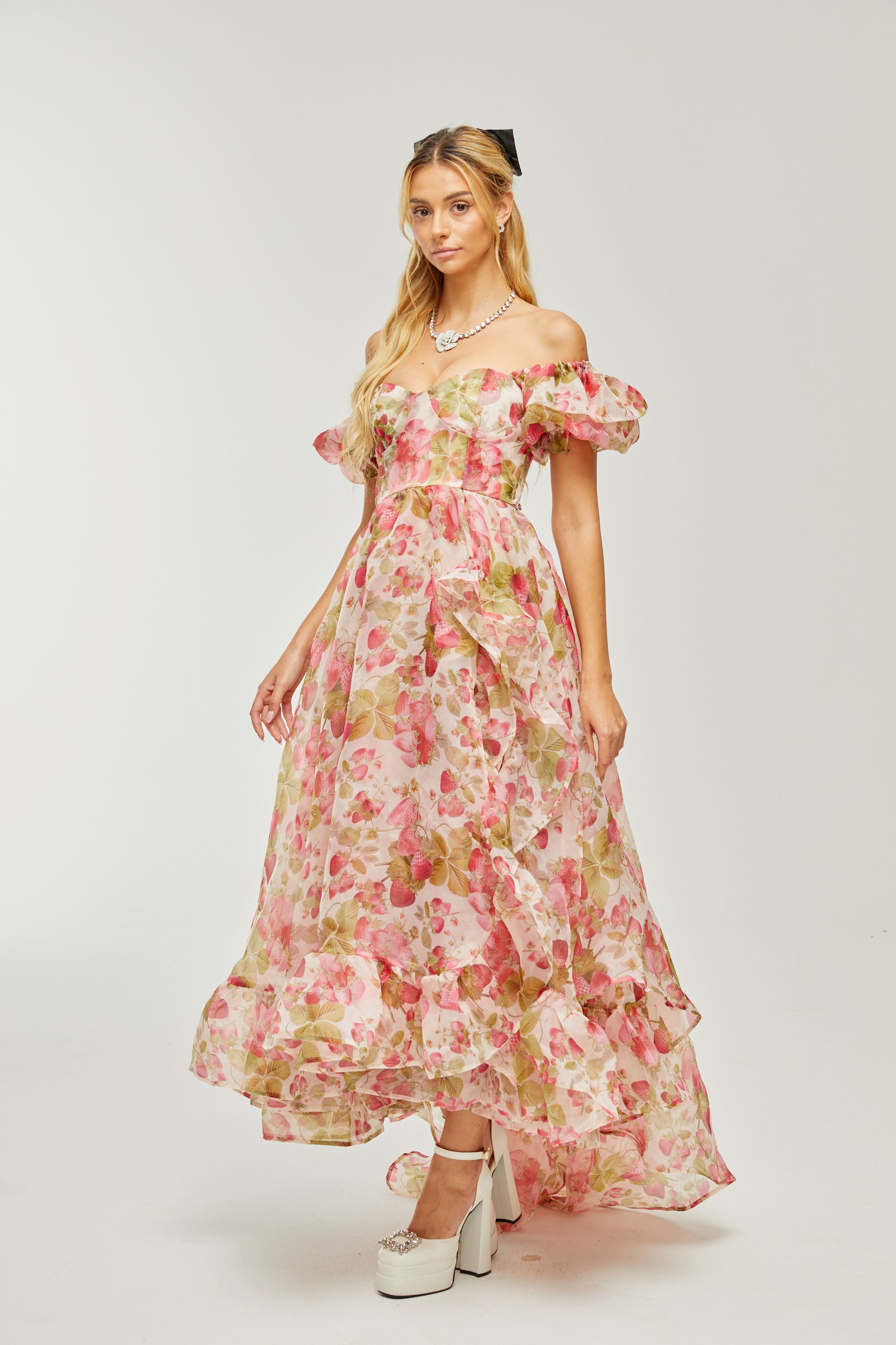 Geneviève fruit-print ruffled maxi dress