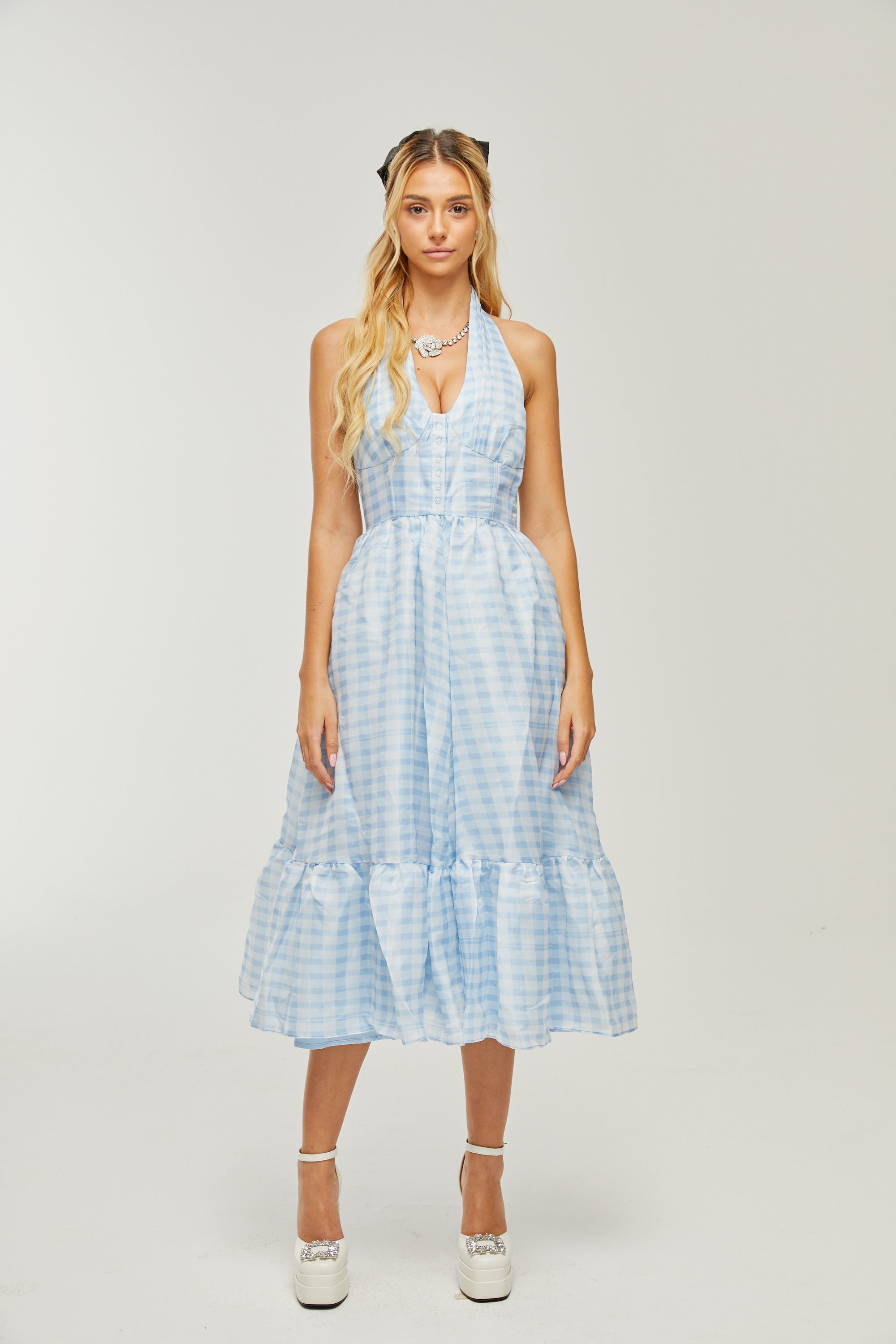 Zaira check-print halterneck midi dress