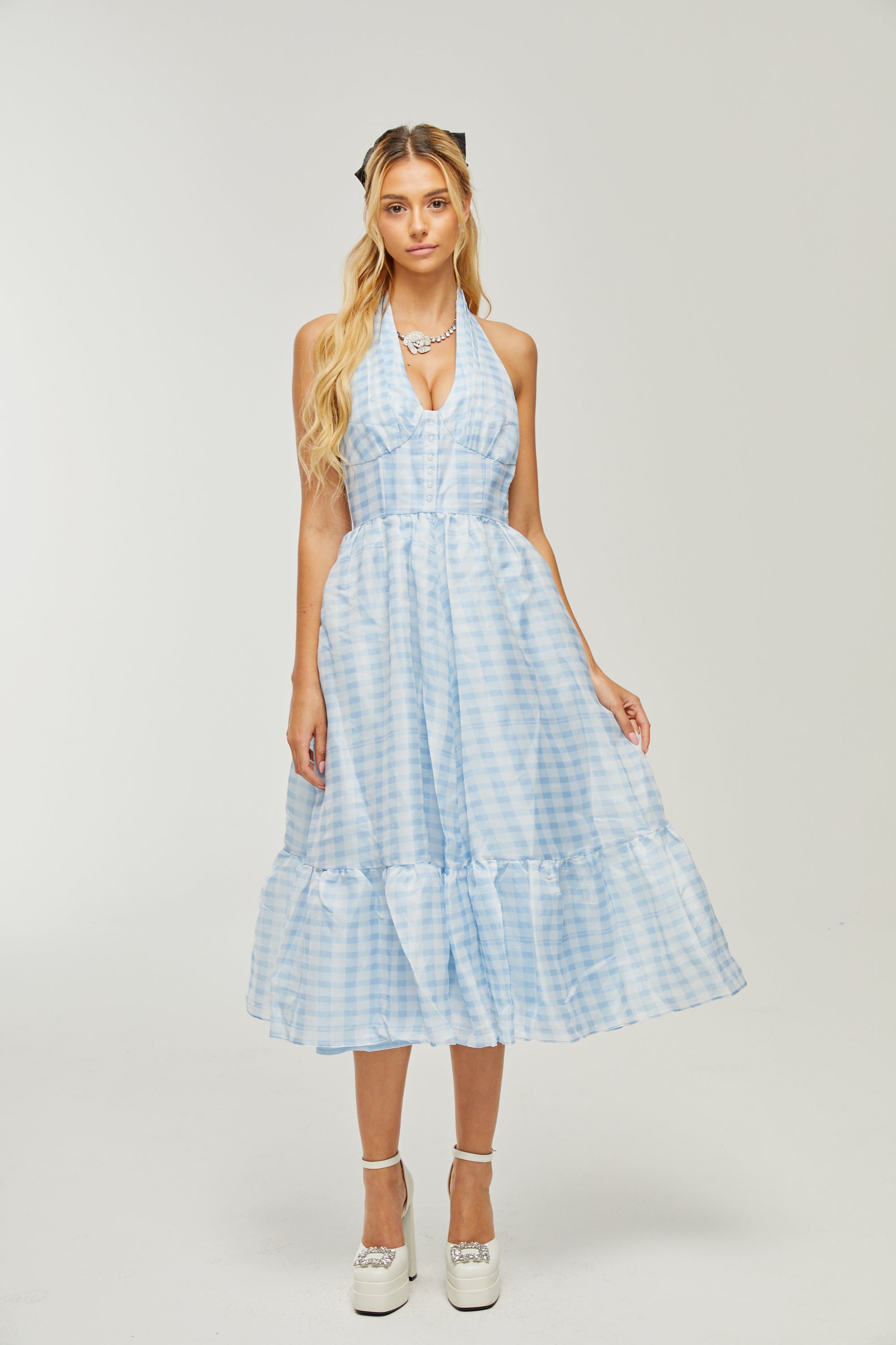 Zaira check-print halterneck midi dress