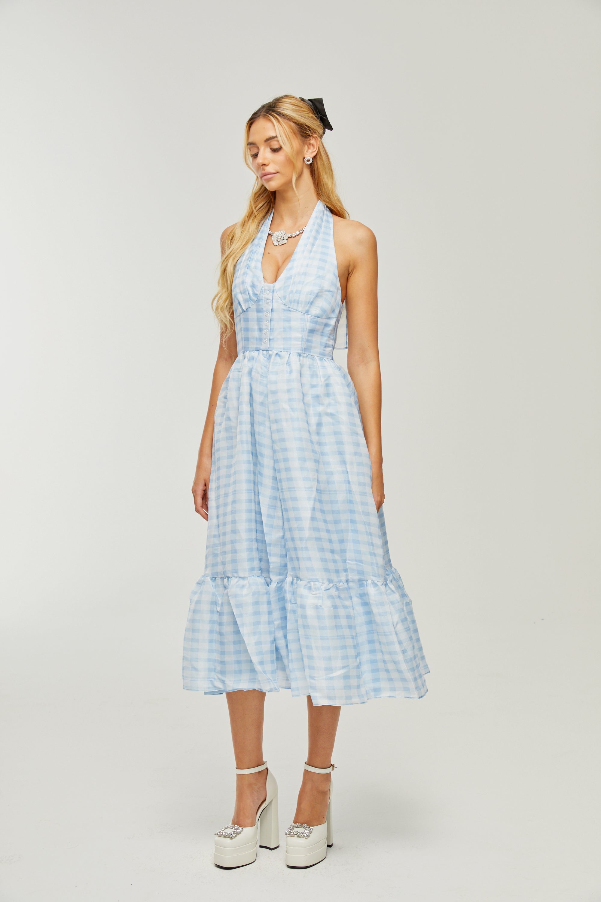 Zaira check-print halterneck midi dress