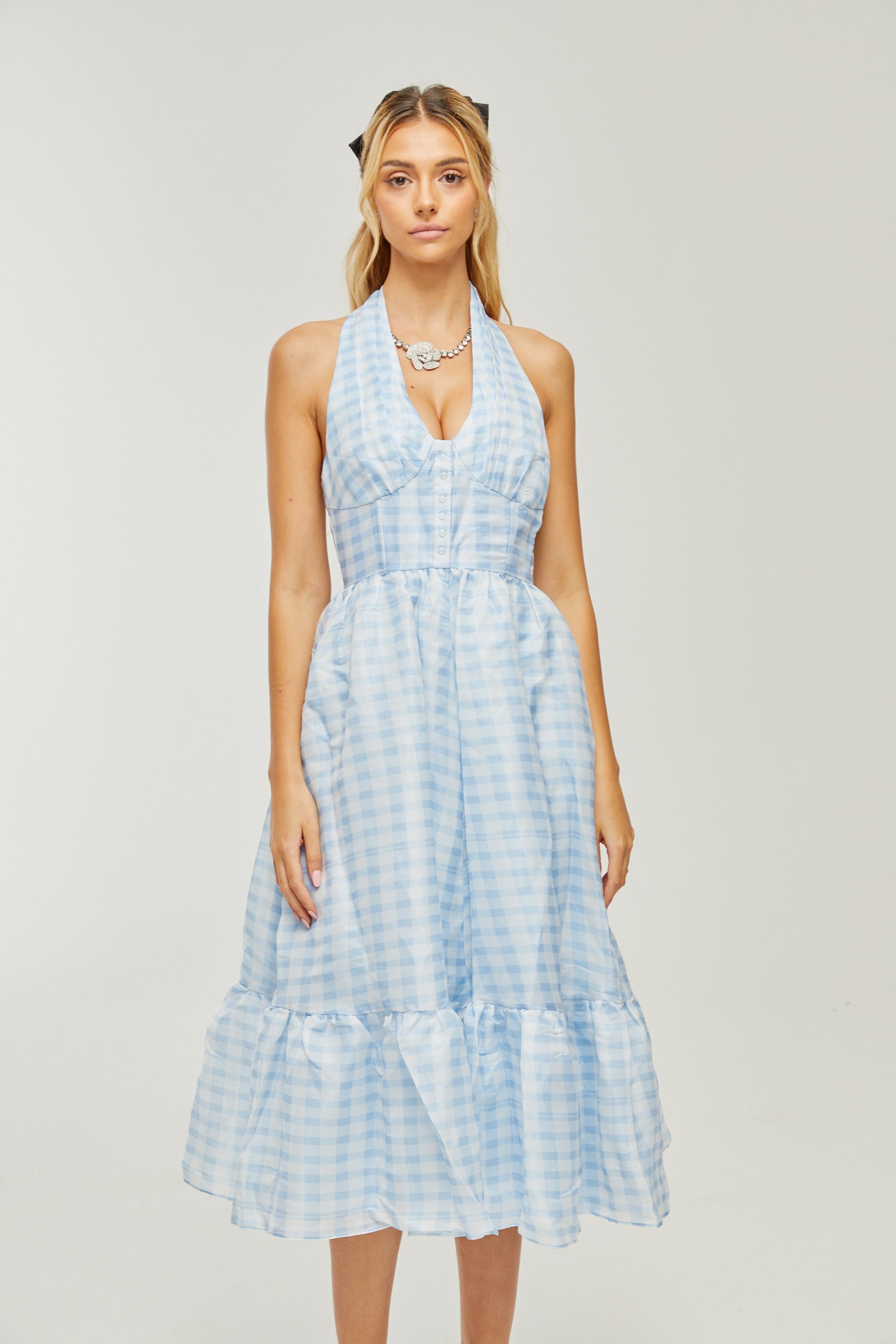 Zaira check-print halterneck midi dress