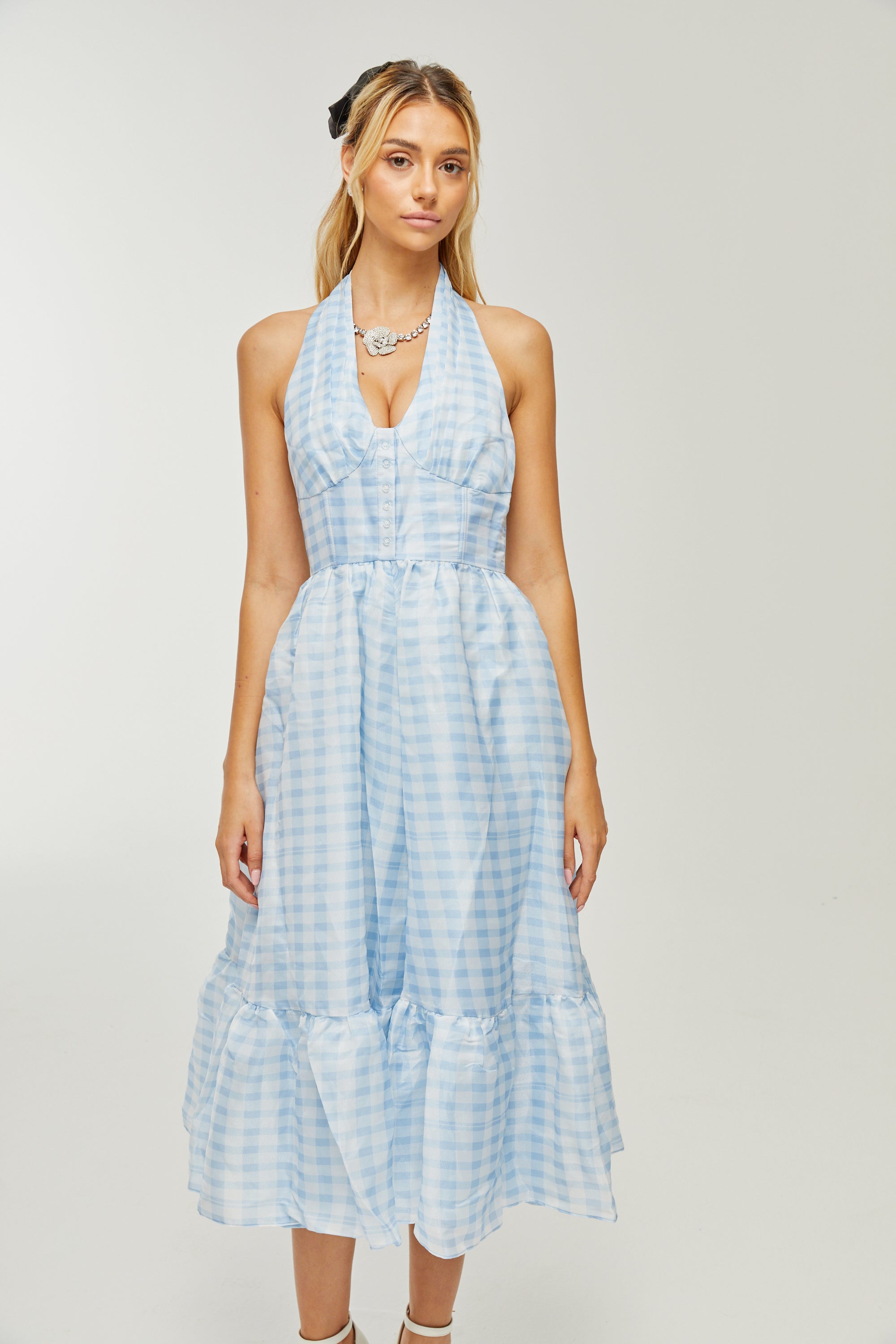 Zaira check-print halterneck midi dress