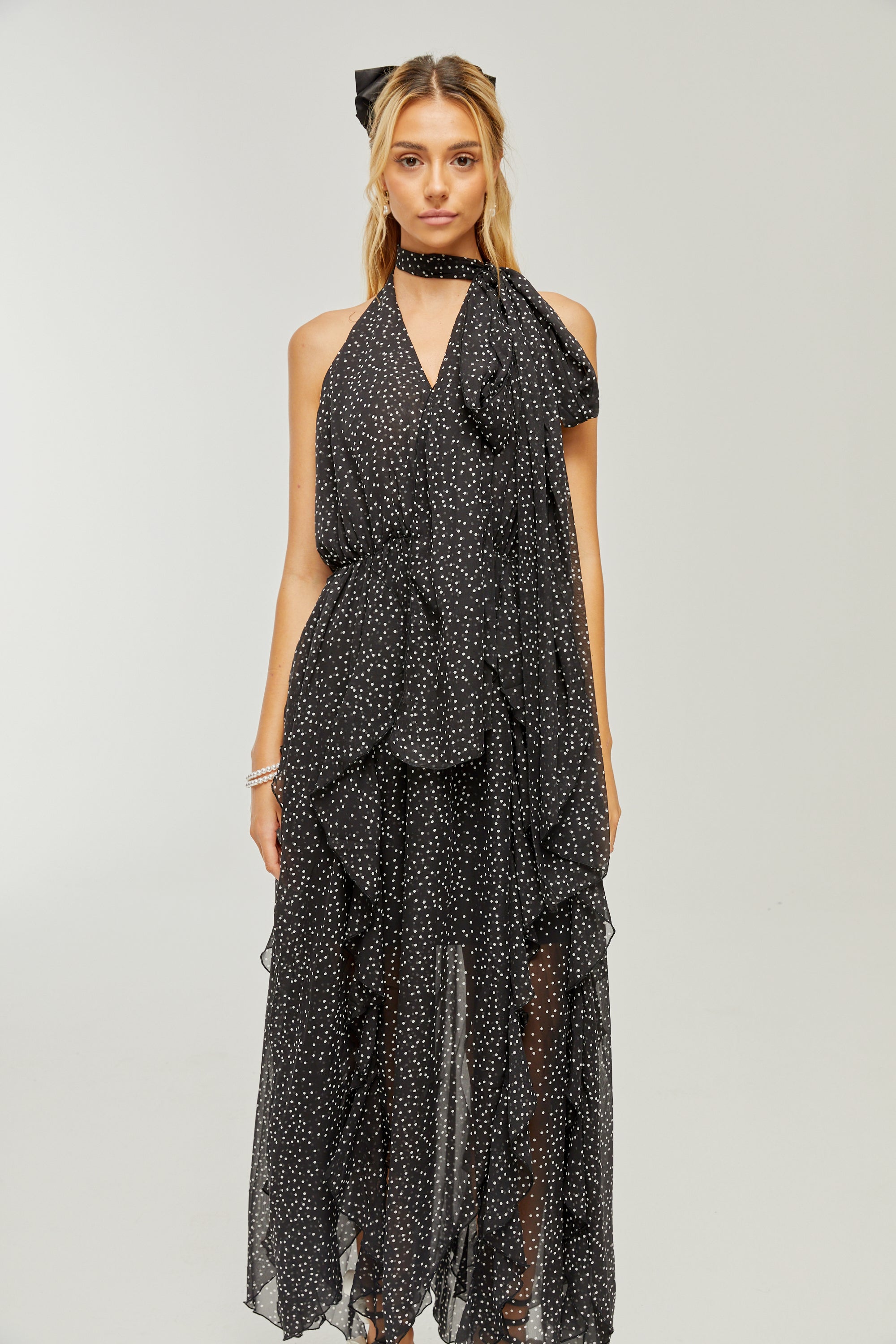 Yvette polka-dot ruffled maxi dress