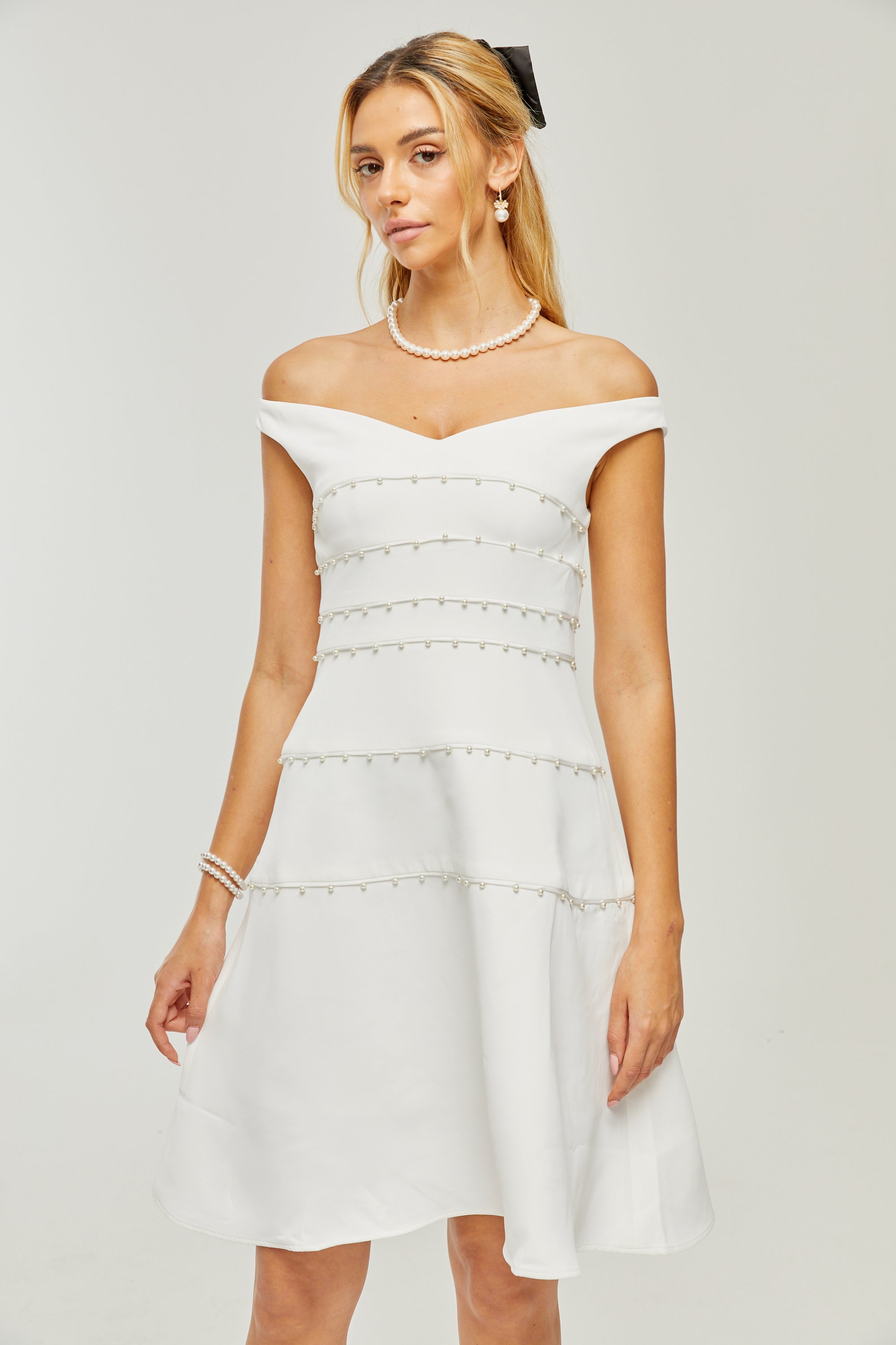 Priscille white faux-pearl mini dress