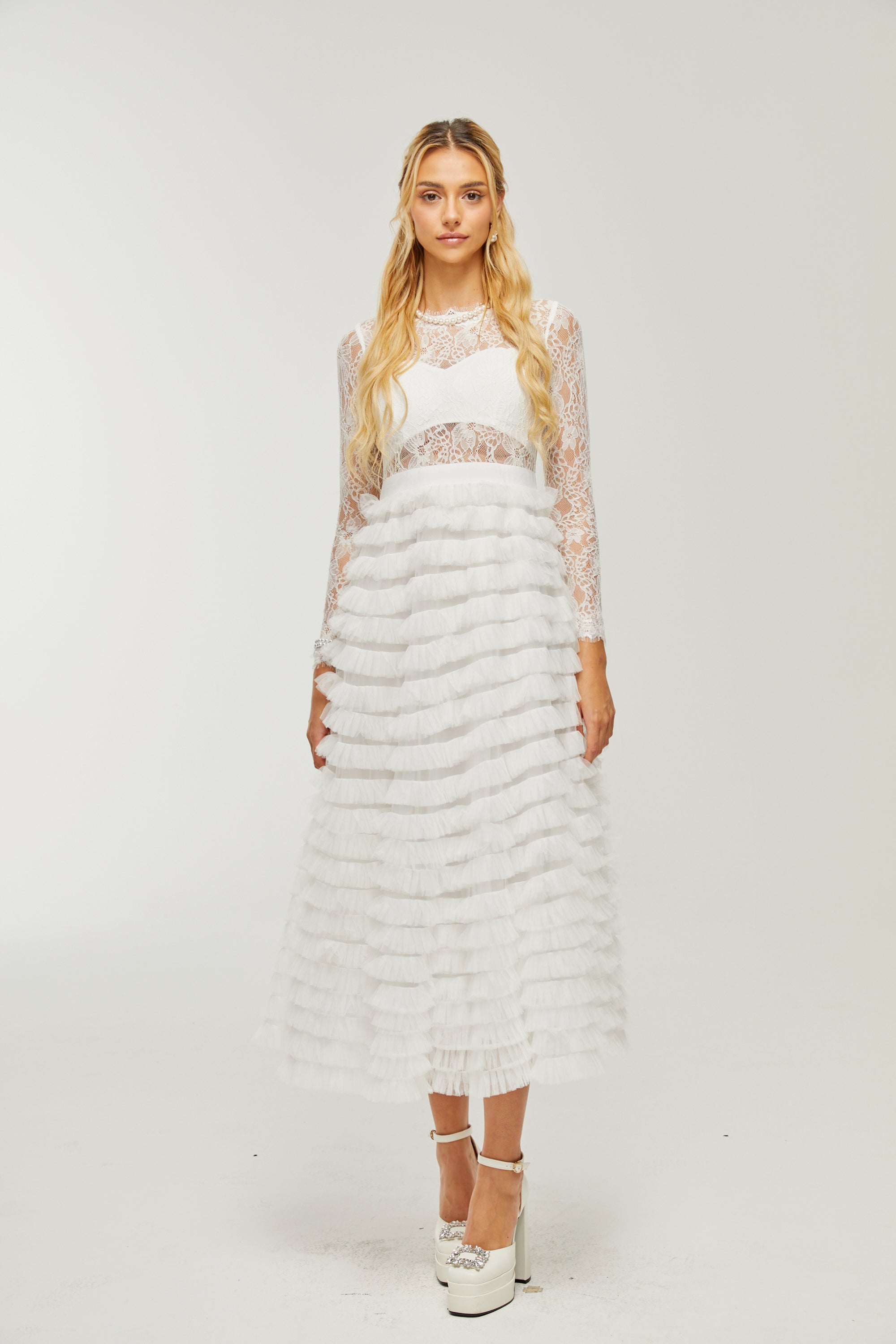 Philippine lace layered high-waisted midi dress