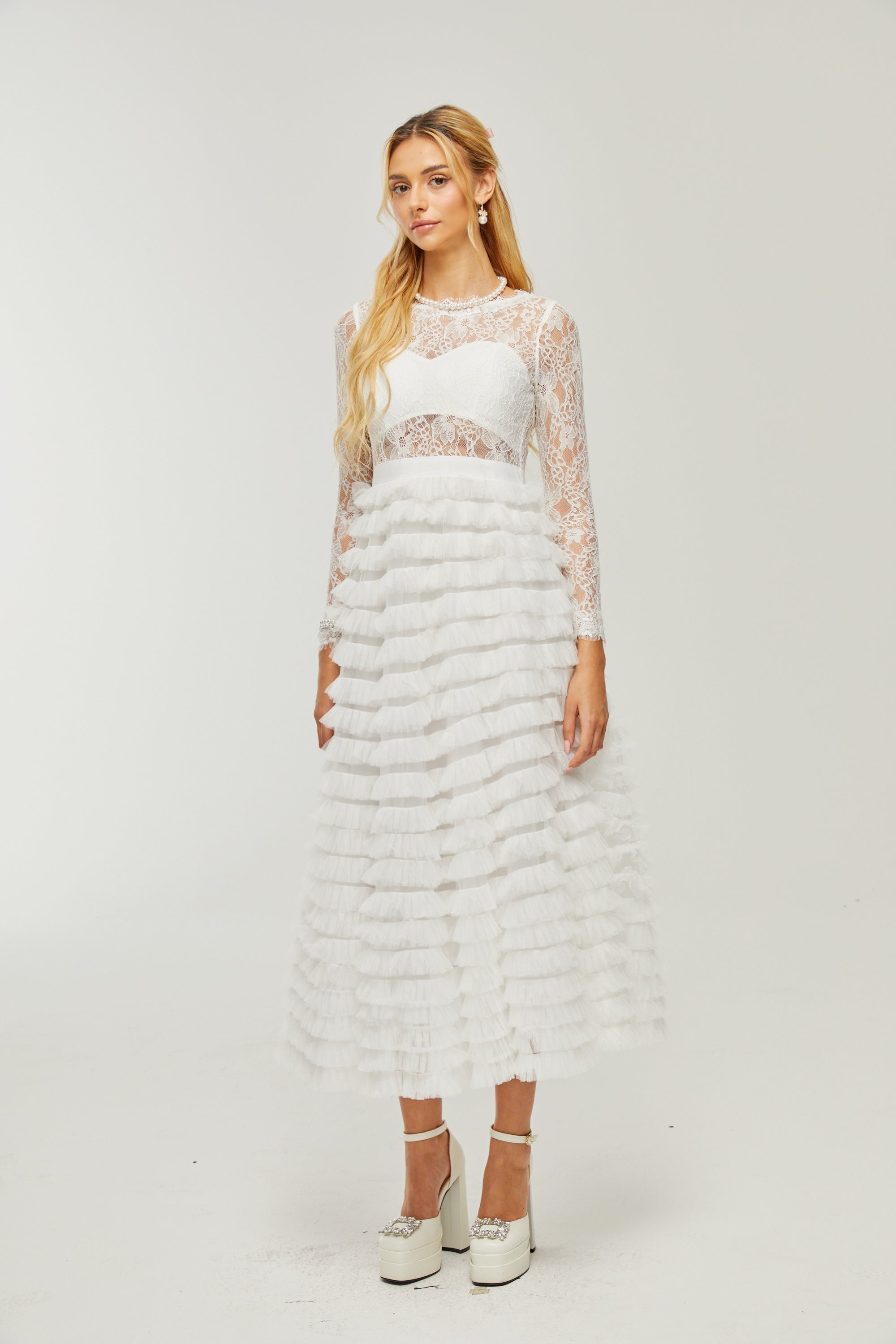 Philippine lace layered high-waisted midi dress