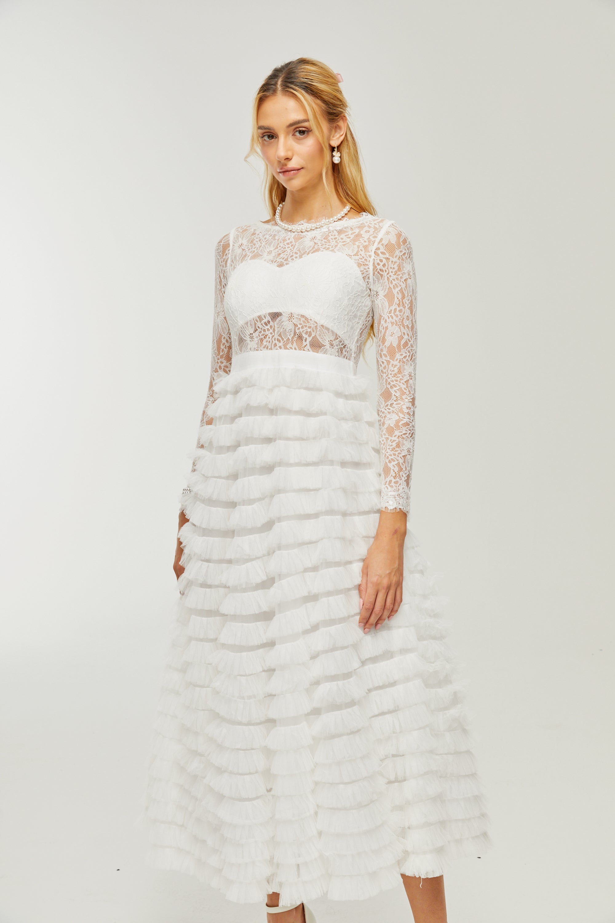 Philippine lace layered high-waisted midi dress