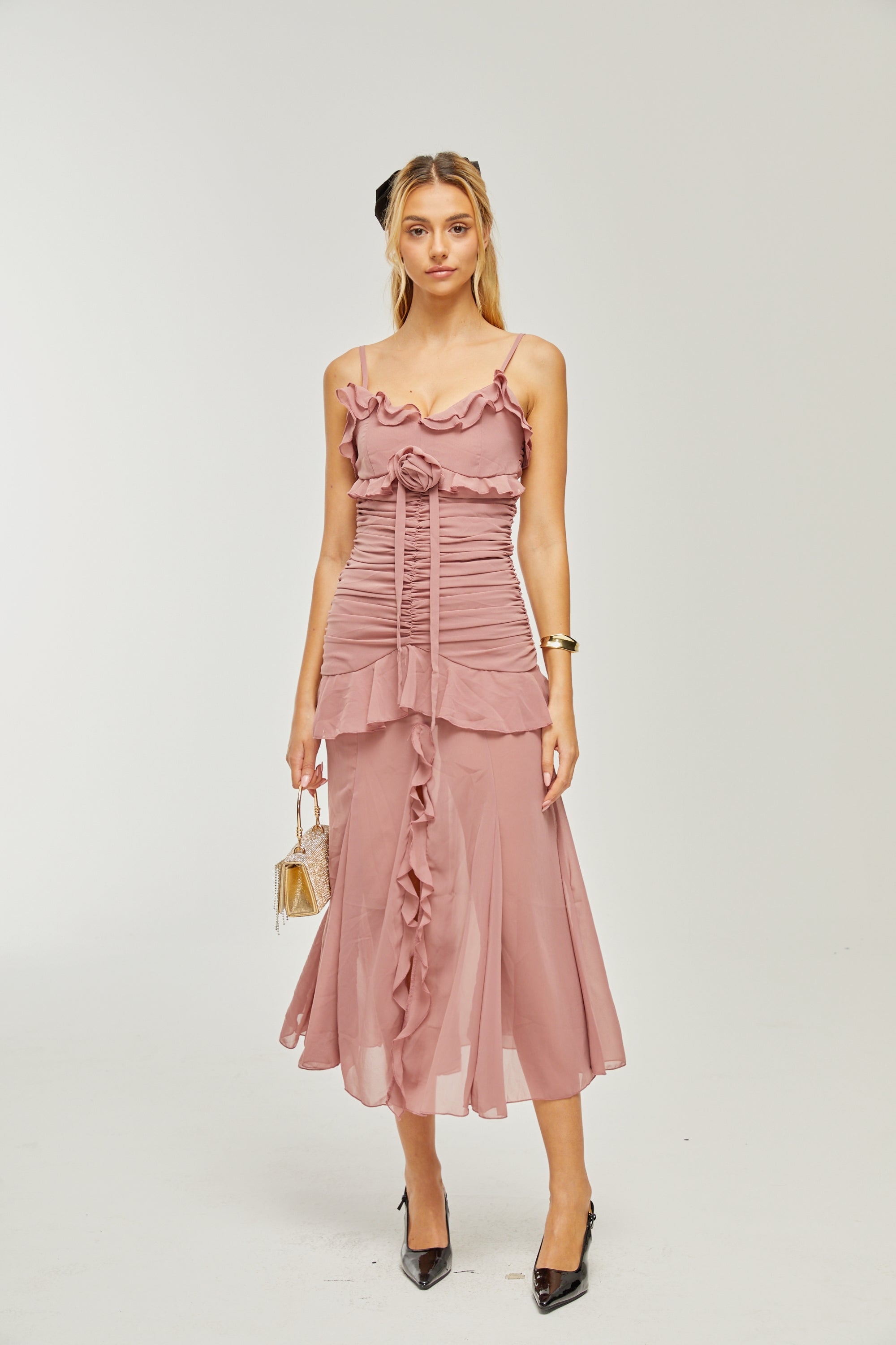 Geneviève pleated faux-flower midi dress