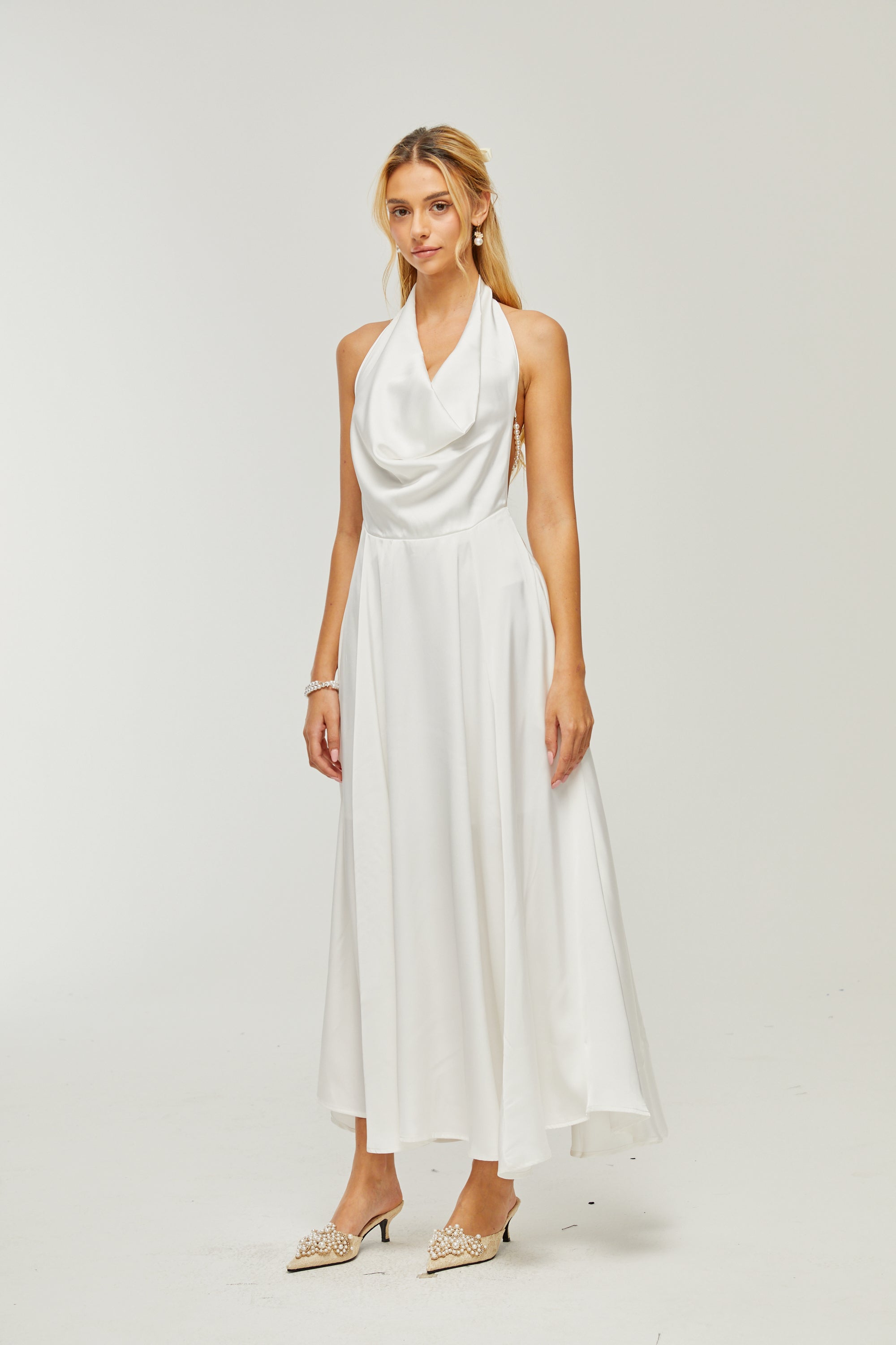 Lucena white scoop-back cowl-neck dress