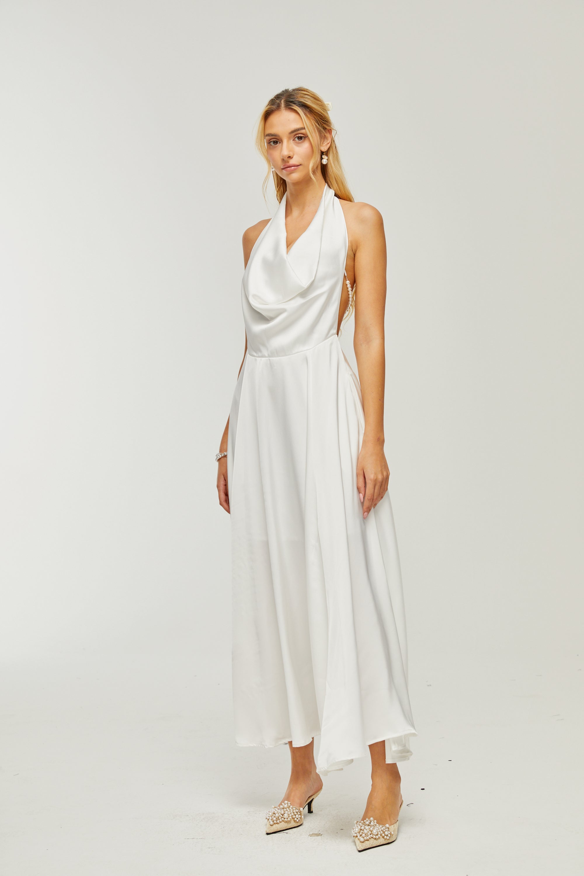 Lucena white scoop-back cowl-neck dress