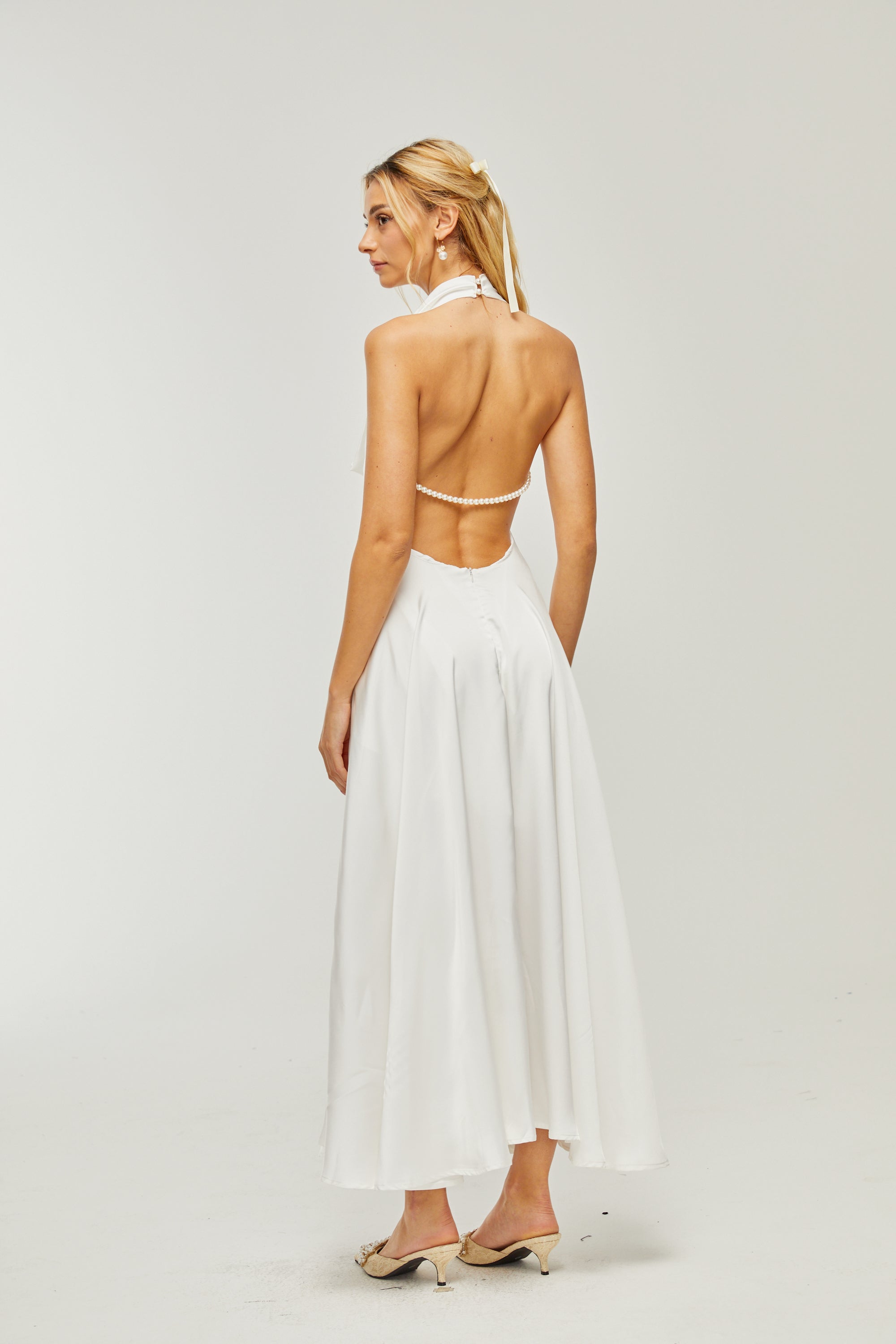 Lucena white scoop-back cowl-neck dress