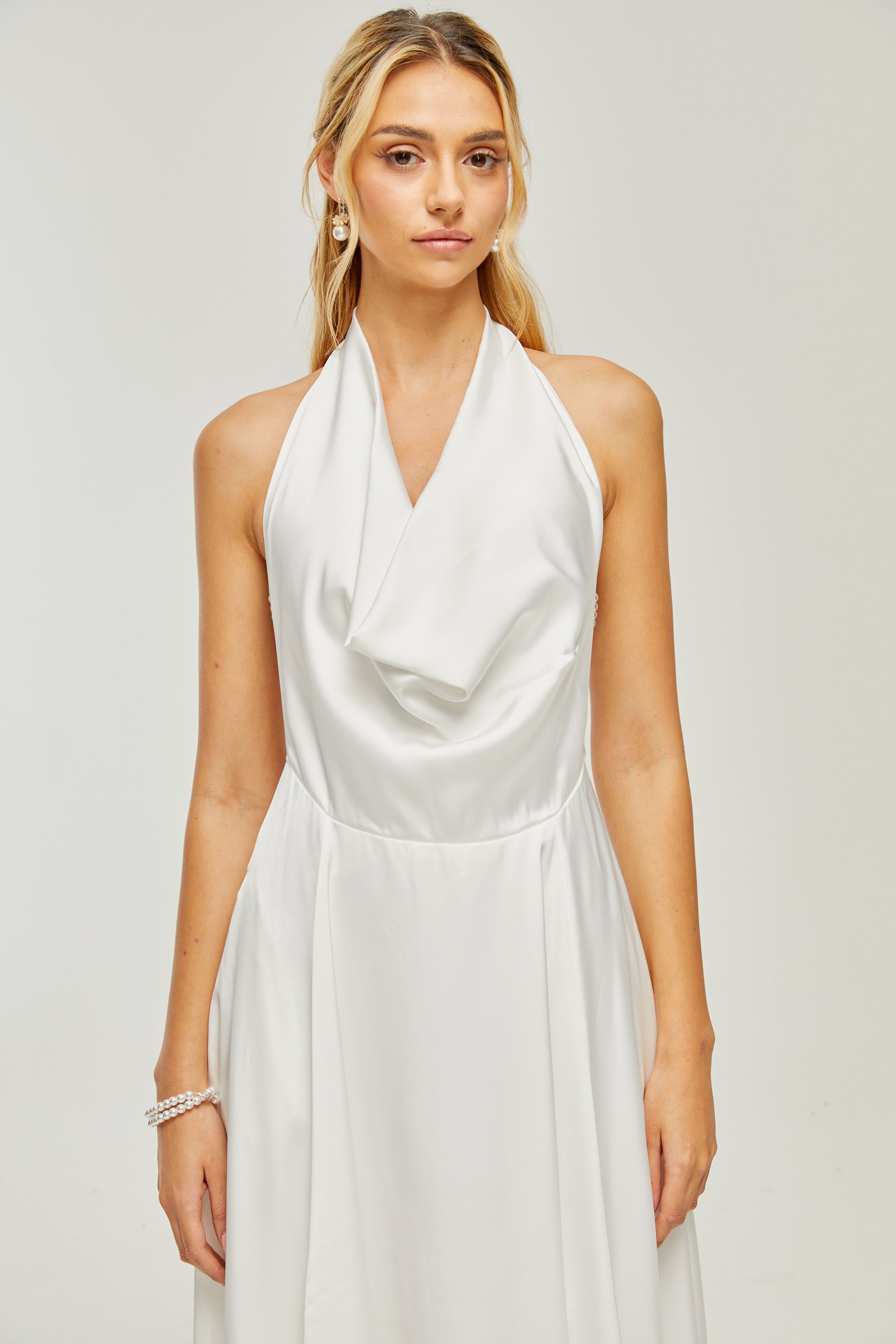 Lucena white scoop-back cowl-neck dress